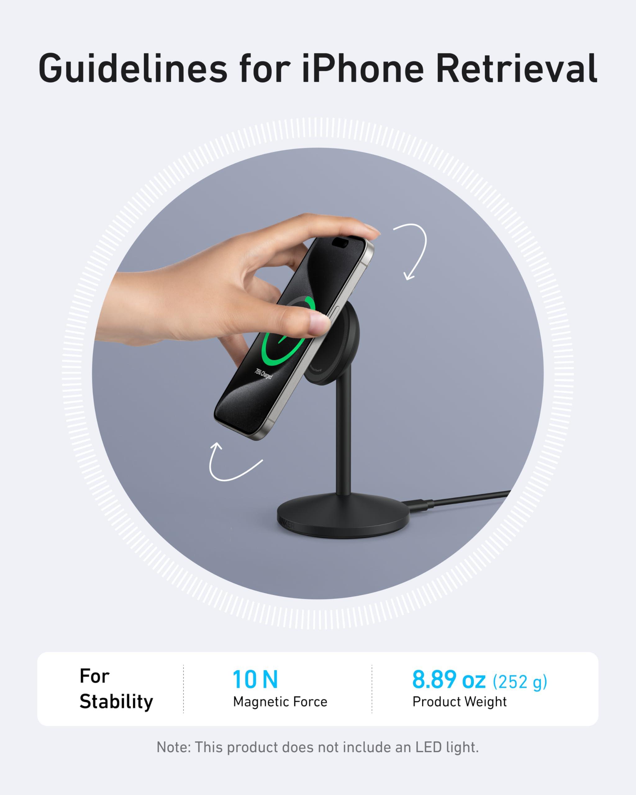 Anker MagGo iPhone 16 MagSafe-Compatible Wireless Charger Stand, 15W Fast Magnetic Wireless Charging Station, Qi2 Certified 360° Charger, for iPhone 16/15/14/13/12 Series and AirPods (No AC Adapter) - Image 7