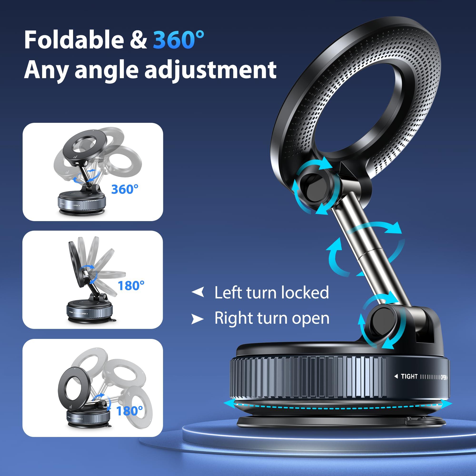 CreaDream Car Phone Mount for Magsafe, Ultra Strong Vacuum Magnetic Suction Cup Cell Phone Holder with 360° Rotation, Foldable Phone Holders for Your Car, Car Accessories for All Smartphones（Black） - Image 4