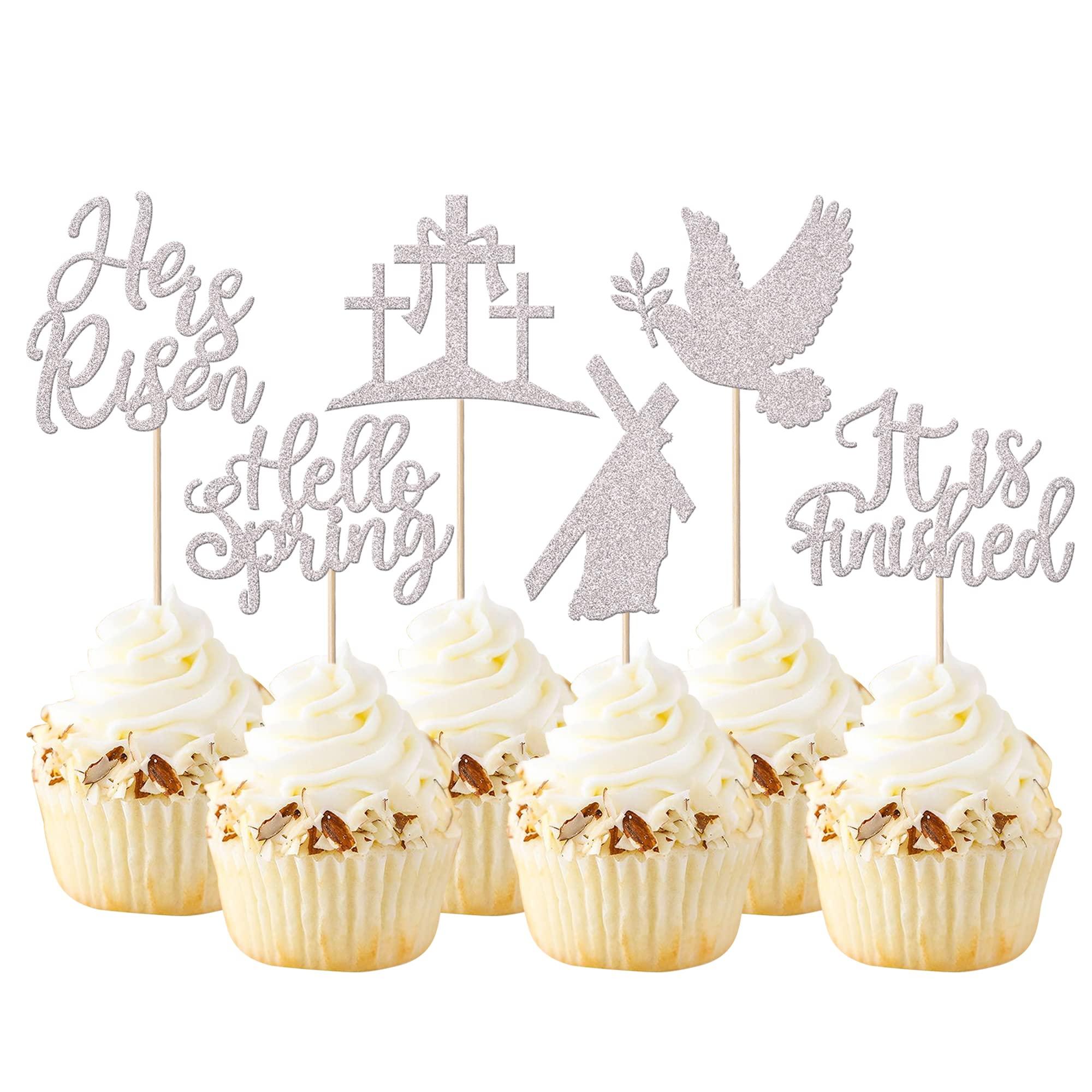 24 Pack Cross Cupcake Toppers Glitter It is Finished Peace Pigeon Cupcake Picks Hello Spring Cake Decorations for Christianity Theme Birthday Party Supplies Silver