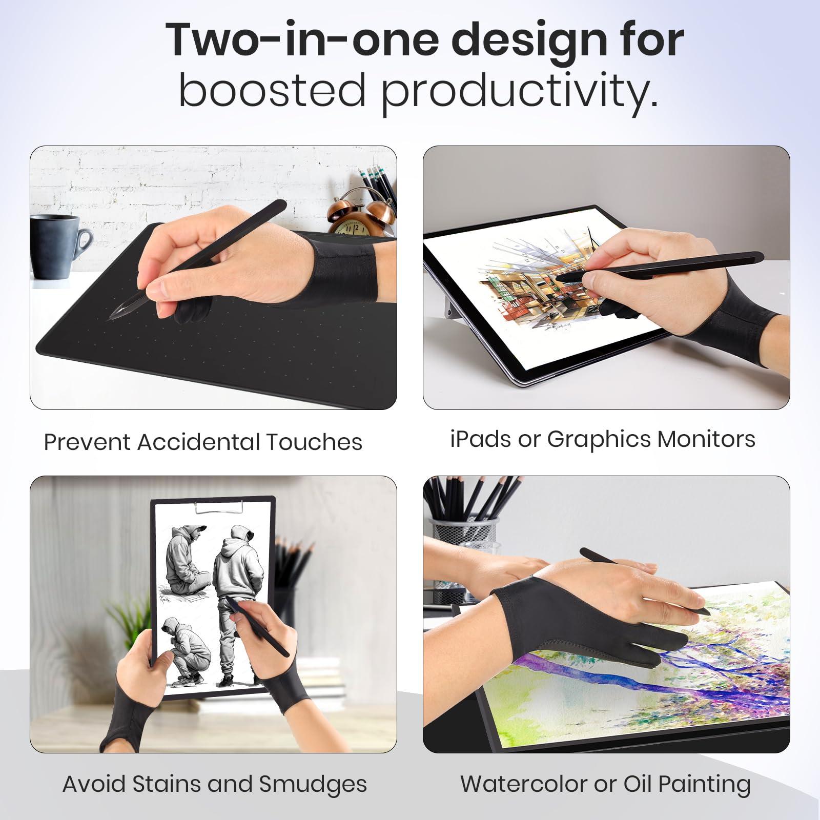 Digital Drawing Glove: 3-Layer Palm Rejection, Two-Finger Artist Glove for Drawing Tablet, iPad, Paper Sketching, Fits Left and Right Hand, Includes Cleaning Cloth(2 Pack,Black,Small) - Image 4