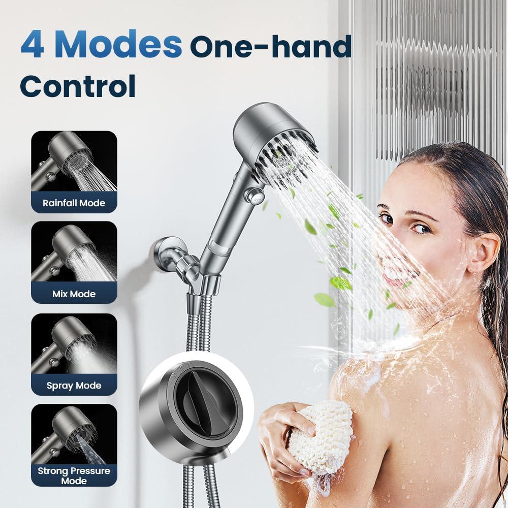 JOMST Filtered Shower Head with Handheld,High Pressure Shower Head 4 Spray Modes,ShowerHead with ON/OFF Switch for Pets,Built-in Power Wash to Clean Tub,Shower Heads Combo with Stainless Steel Hose - Image 4
