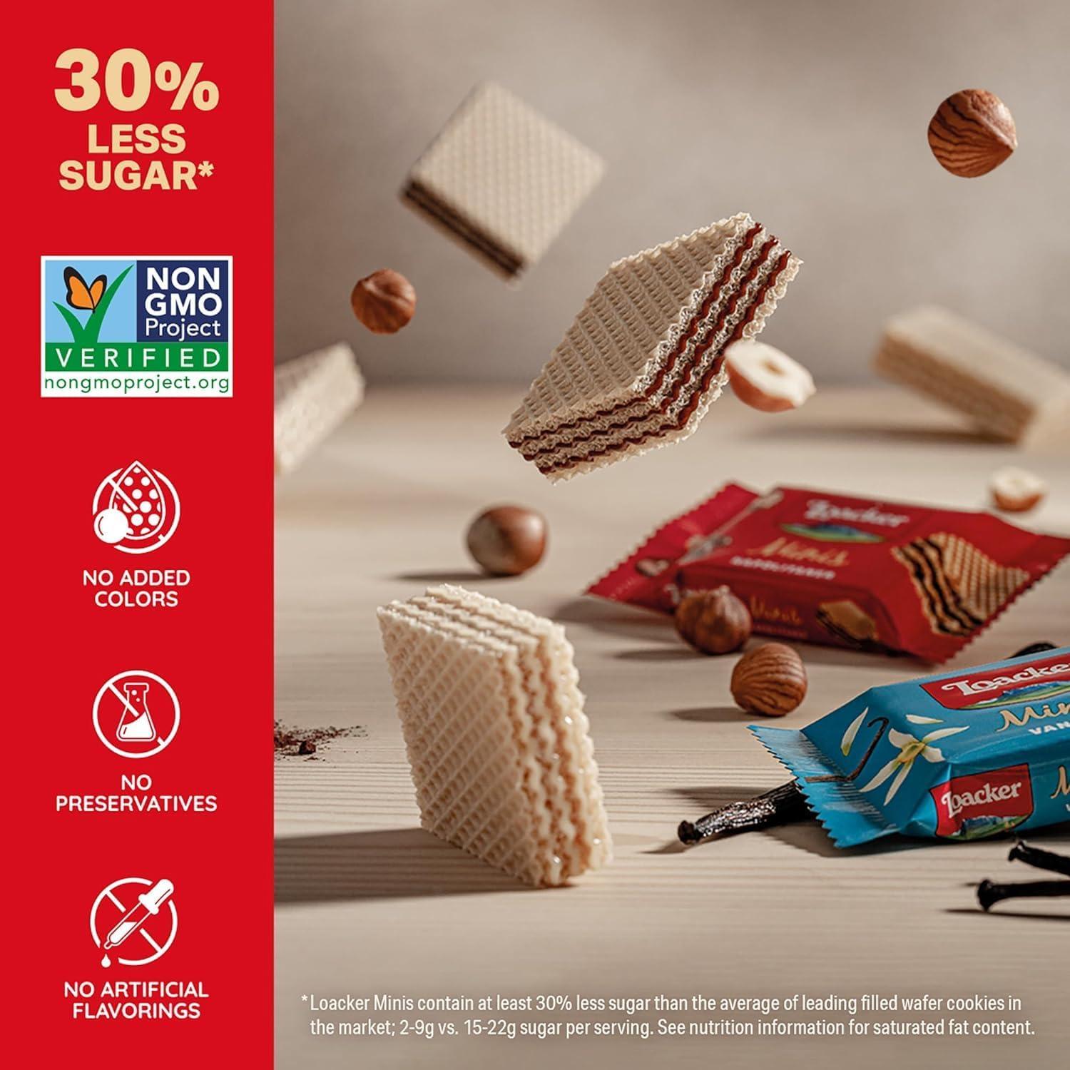 Loacker Minis Wafer Variety Pack - 30% Less Sugar - Premium Assorted Cream Filled Wafer Cookies - Mix of Hazelnut, Chocolate and Vanilla Crispy Wafers - NON-GMO - Sustainably Sourced Ingredients - 10g/0.35oz, 40 Individually Wrapped Snack Packs (mix) - Image 4