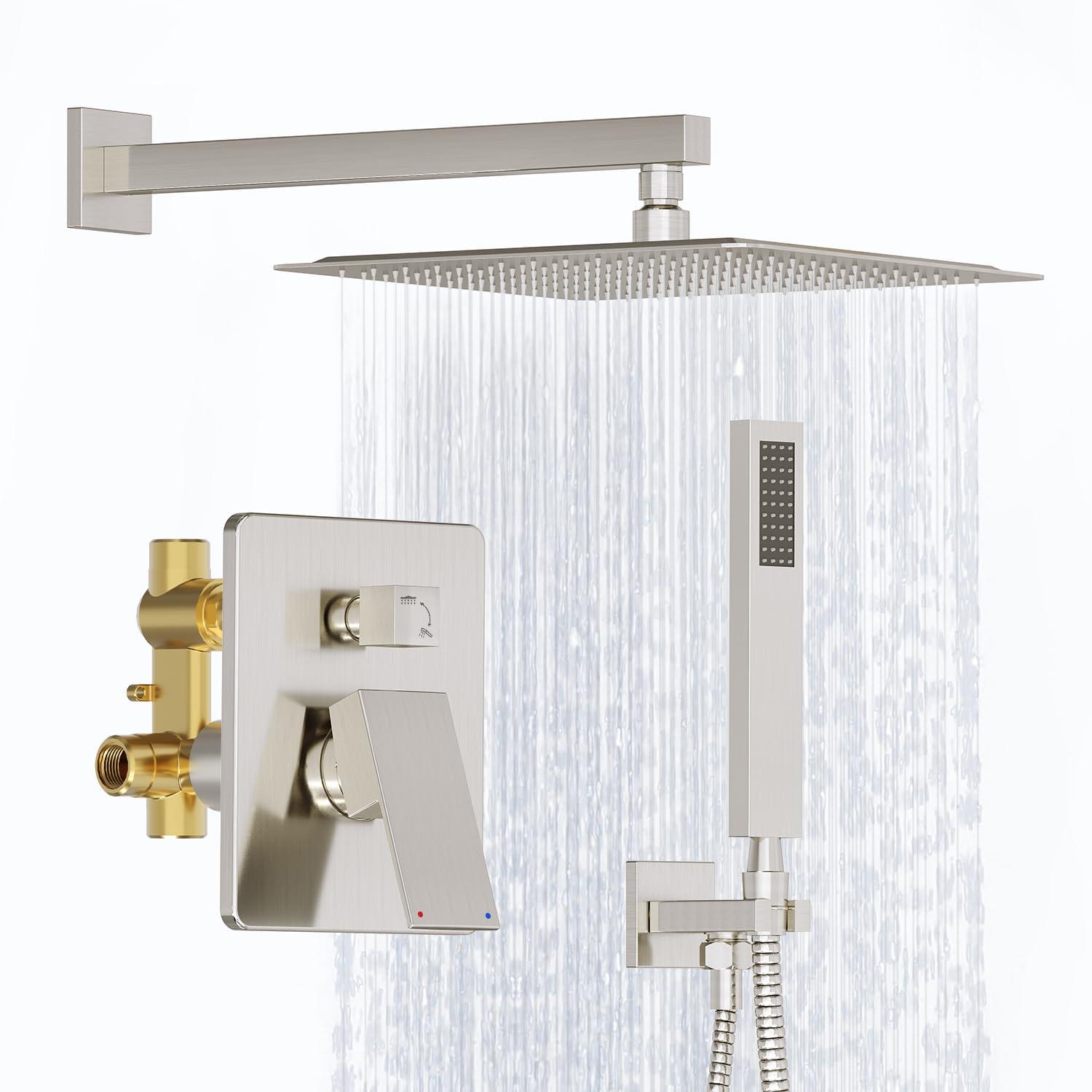 Kurpot Shower System, 12 Inch Bathroom Shower Faucet Set, Brushed Nickel Shower Head and Handle Set, Shower Faucet with Valve and Shower Trim Kit, High Pressure Rain Shower Head Set, Wall Mounted