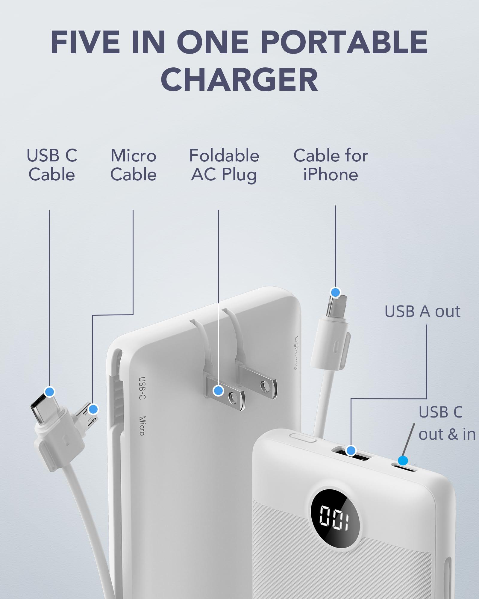 VRURC Portable Charger Built-in Cables and AC Wall Plug, USB C Power Bank 10000mAh, Travel Essentials Phone Charger Compact Lightweight External Battery Pack for Smart Phones, Tablets etc-White - Image 3