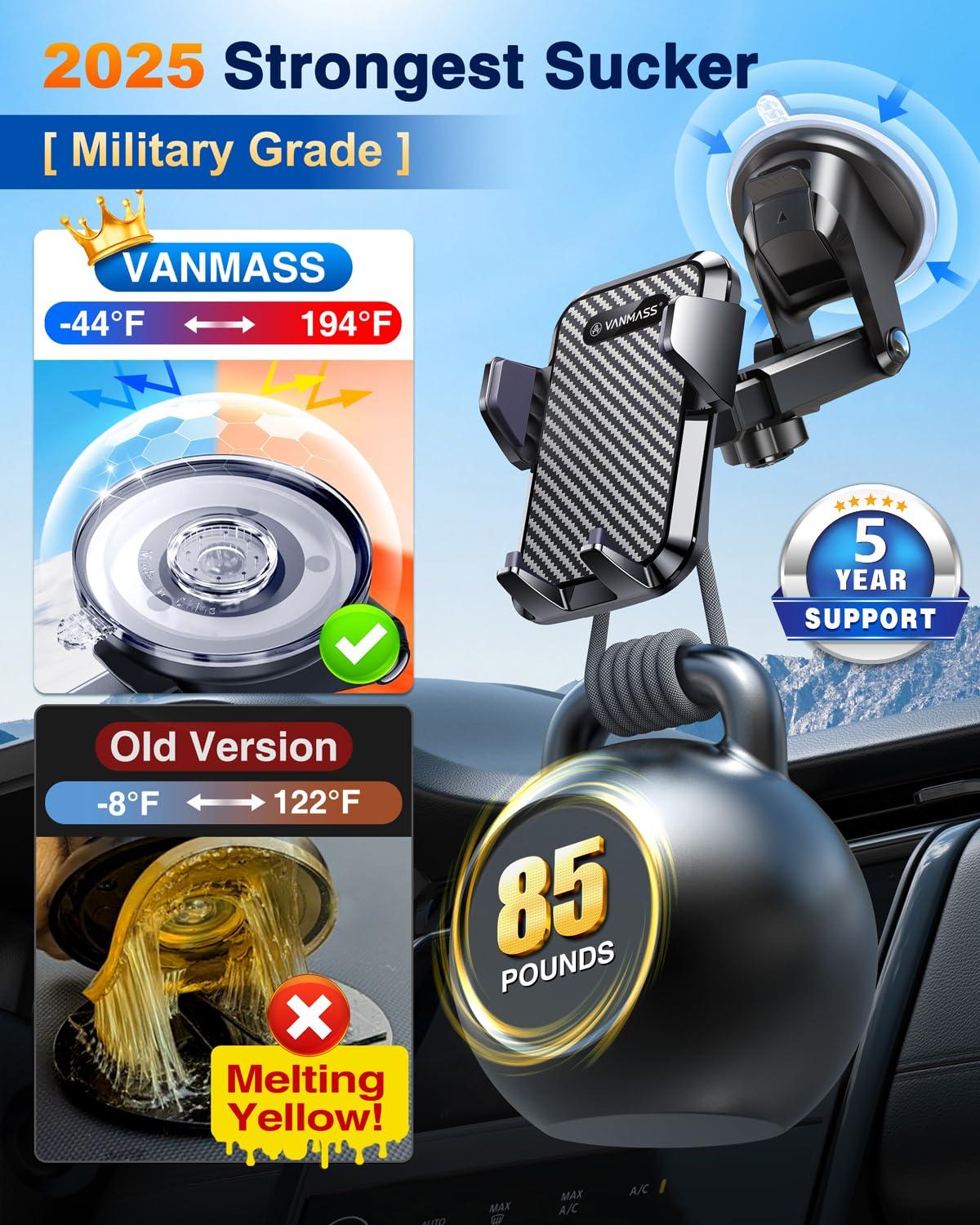 VANMASS 【85+LBS Strongest Suction & Military-Grade 2025 Ultimate Car Phone Mount【Patent & Safety Certs】 Cell Phone Holder Truck Stand for Dashboard Windshield Vent for iPhone 16 15 Pro Max 14 Samsung - Image 4