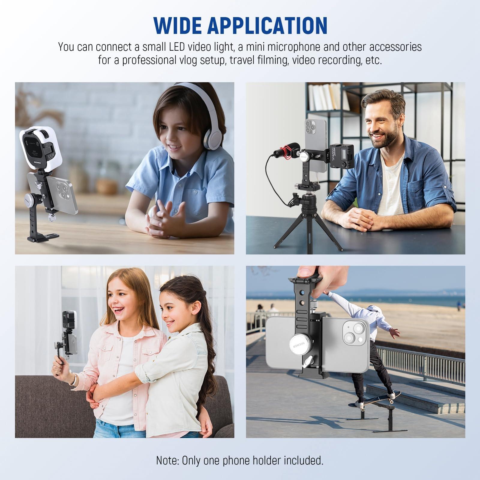 NEEWER Smartphone Tripod Mount Aluminum Alloy, 360° Rotatable Phone Stand Holder Clamp with Cold Shoe and Arca Base Compatible with iPhone 15 Pro Max Galaxy S24 Ultra Pixel & 2.6"-4" Wide Smartphones - Image 8