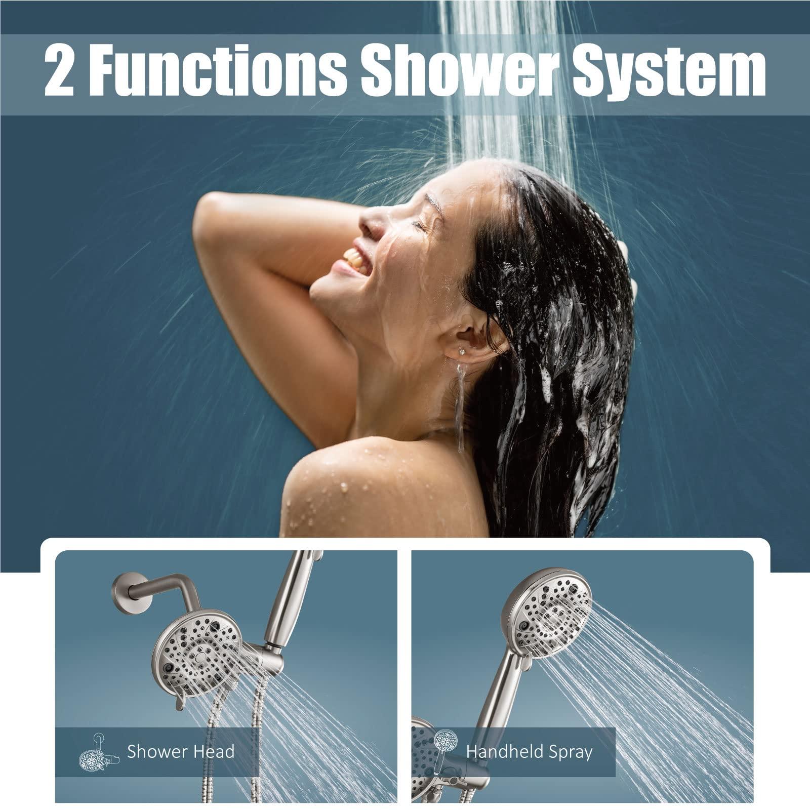 Aolemi Shower Faucet Set Rain Shower Head System Shower Trim Kit Pressure Rough-in Valve Included 8 Setting Dual Shower Head and Handheld Spray Brushed Nickel - Image 7