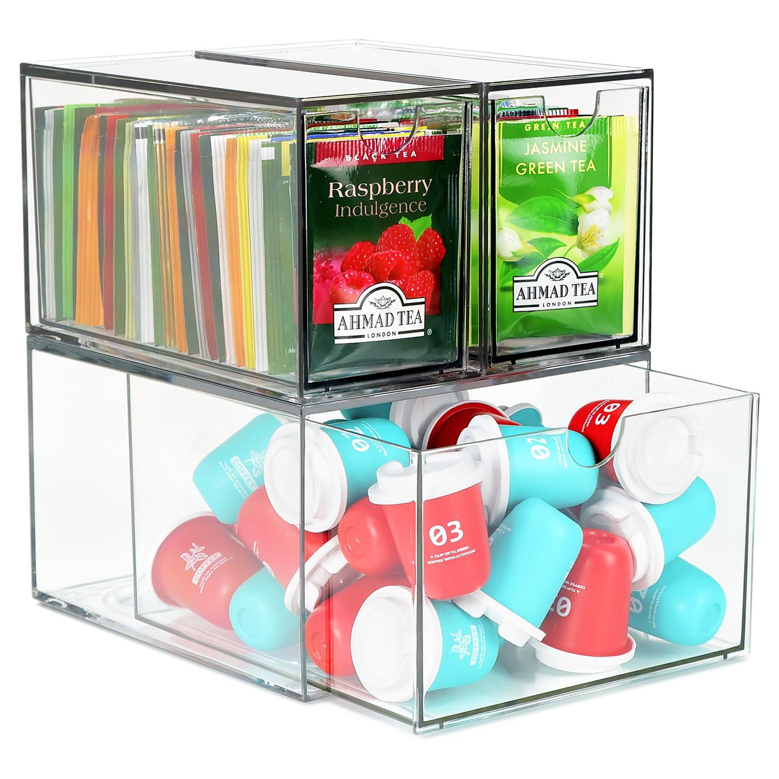 3 Tea and Coffee Organizer and Storage, Acrylic Tea Bag Holder Organizer, Plastic K Cup Drawer Container for Cabinet