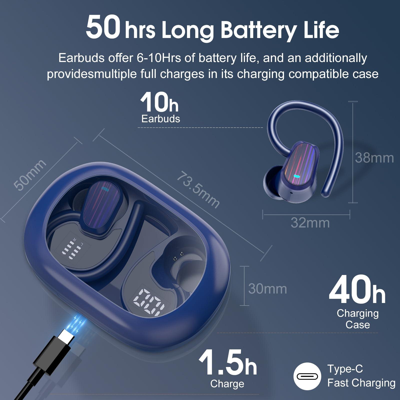 OYIB Wireless Earbuds Bluetooth 5.4 Headphones Sport, Stereo Deep Bass Bluetooth Earbuds with Earhooks, 50H Over Ear Bud with ENC Mic, IP7 Waterproof Wireless Earphone for Workout/Running, Navy Blue - Image 3