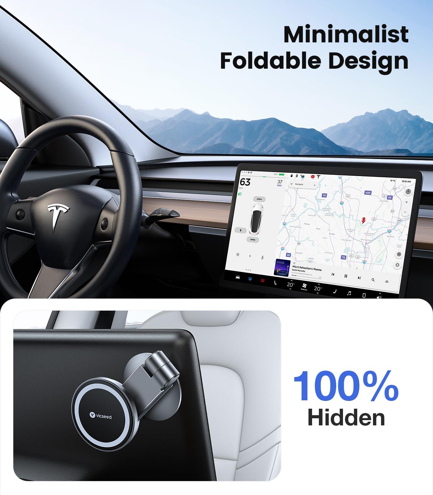 VICSEED Tesla Phone Mount【Strongest Magnet Power】 Foldable Hidden Tesla Phone Holder Fit for All Phones, Tesla Model 3/Y/Cybertruck Accessories, Tesla Model 3 Model Y for MagSafe Car Mount - Image 2