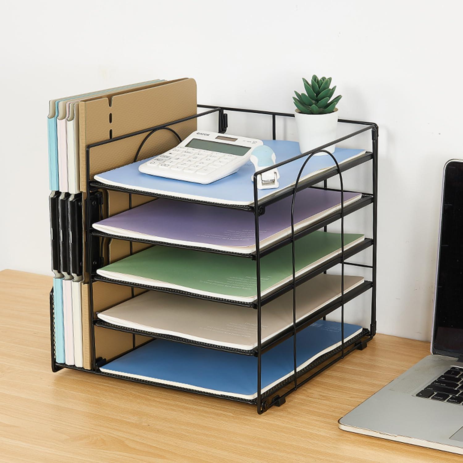 LEKETREE Desk Organizers and Accessories, 5-Tier Paper Letter Tray Organizer with File Holder, Desktop Organizer for Office Supplies (Black) - Image 7