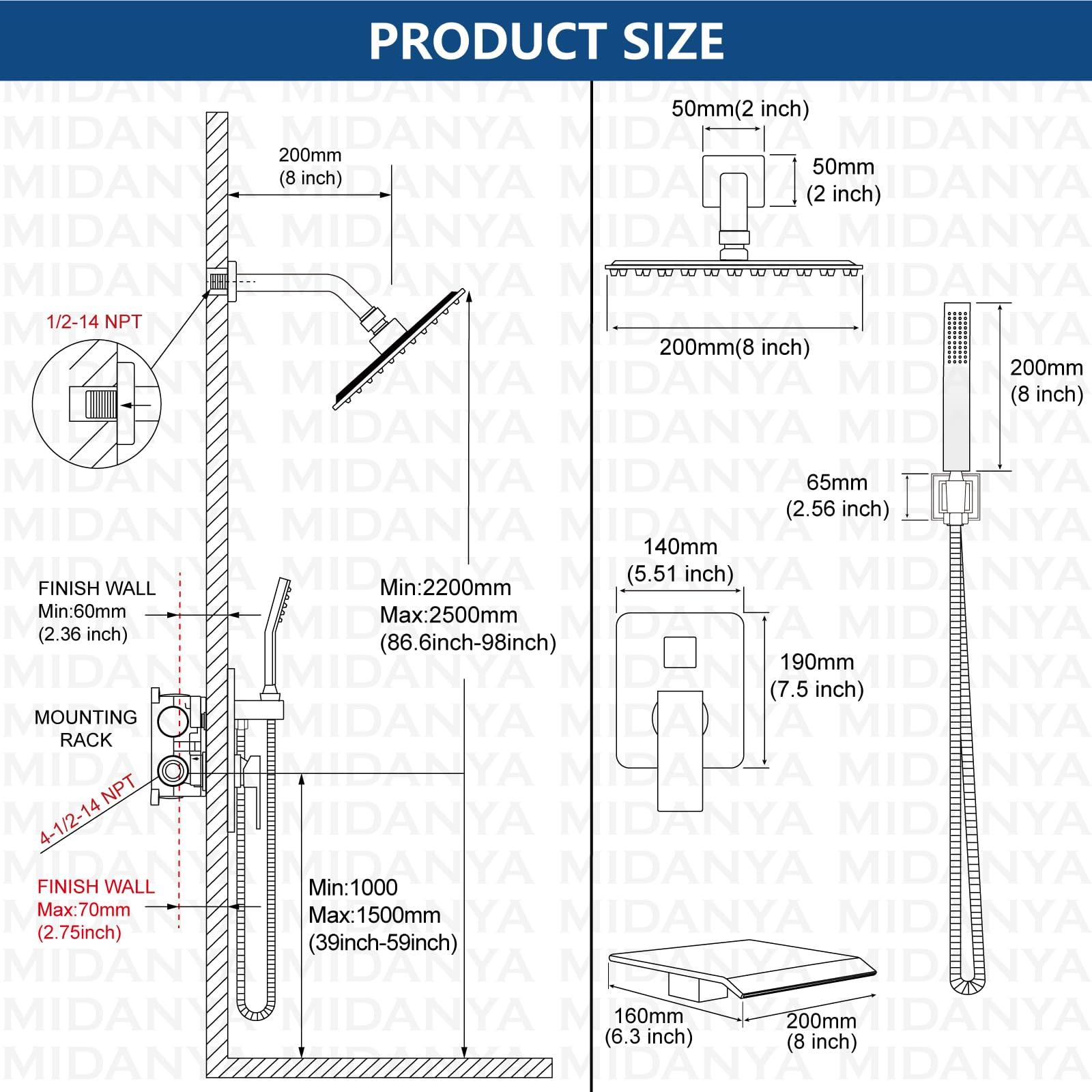 Midanya Rain Shower System Tub Shower Faucet Set Square Rainfall Head with Handheld Sprayer and Waterfall Tub Spout Rough-in Valve Included,8 Inch Matte Black - Image 7