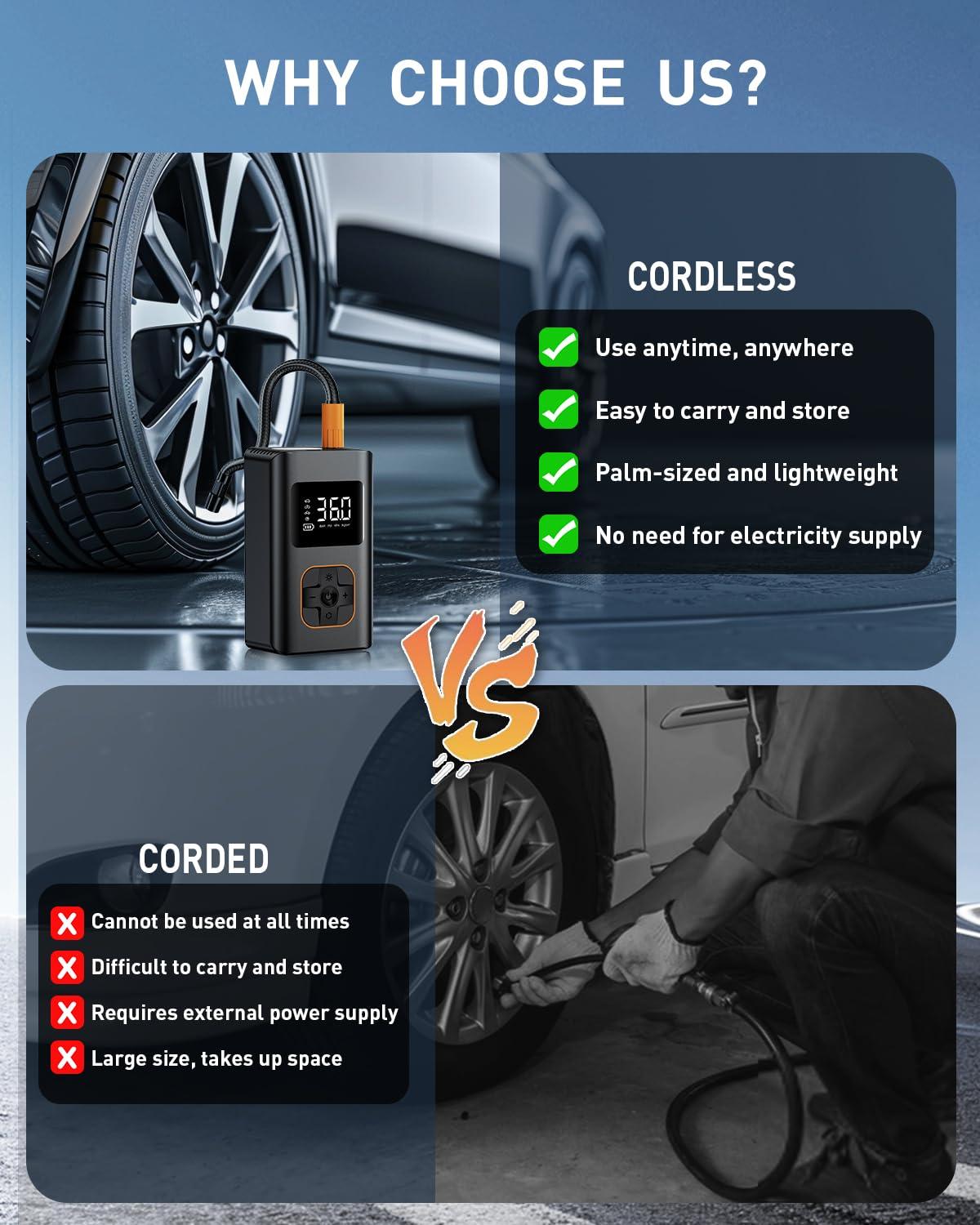 Tire Inflator Portable Air Compressor, 8000mAh Cordless Air Pump for Car Tires, 150 PSI Electric Bike Tire Pump with LED Light and Digital Pressure Gauge for Motorcycle, Auto, Ball, Bicycle - Image 9