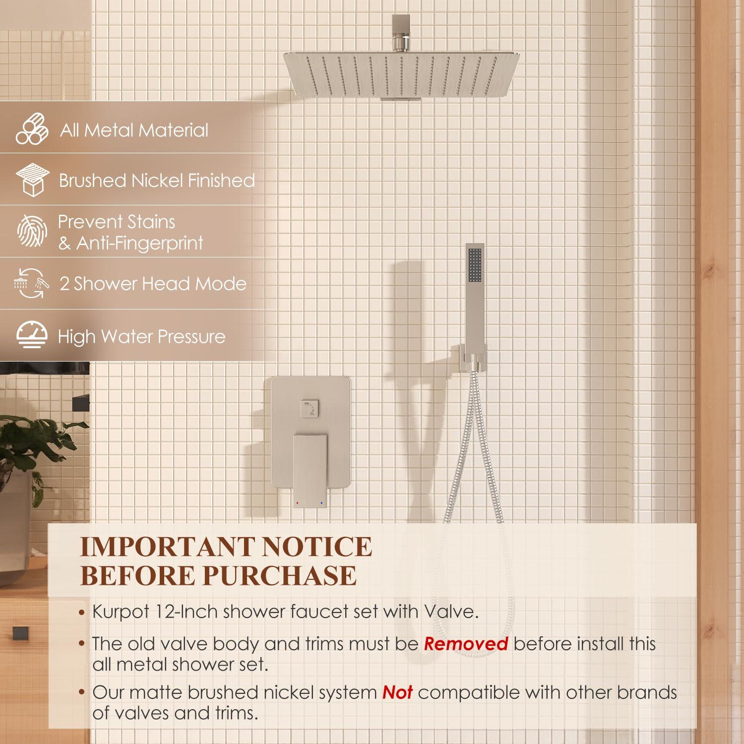 Kurpot Shower System, 12 Inch Bathroom Shower Faucet Set, Brushed Nickel Shower Head and Handle Set, Shower Faucet with Valve and Shower Trim Kit, High Pressure Rain Shower Head Set, Wall Mounted - Image 2
