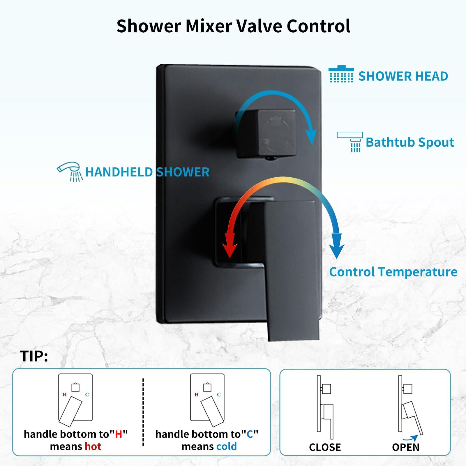 RTTWYYUU Matte Black Shower Faucet Set with Tub Spout 10 Inch, Shower Head and Handle with 2 Hooks, Tub and Shower Faucet Combo, Rain Shower and Handheld Shower System Square Wall Mount for Bathroom - Image 6