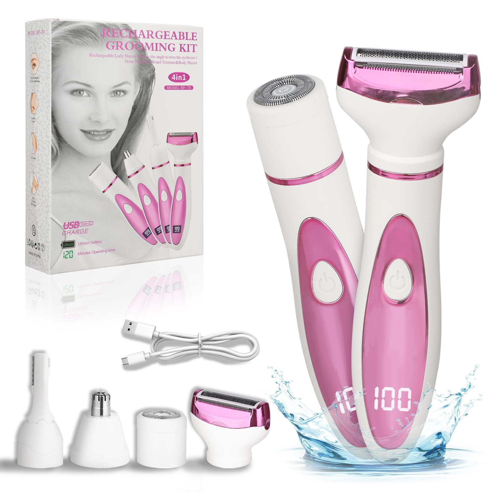 Beanify Wet & Dry Electric Razor for Women Men,4 in 1 Rechargeable Led Display Electric Shaver and Facial Hair Remover,Painless Ladies Body Razors for Nose Face Body Leg Bikini Arm Hair (Purple)