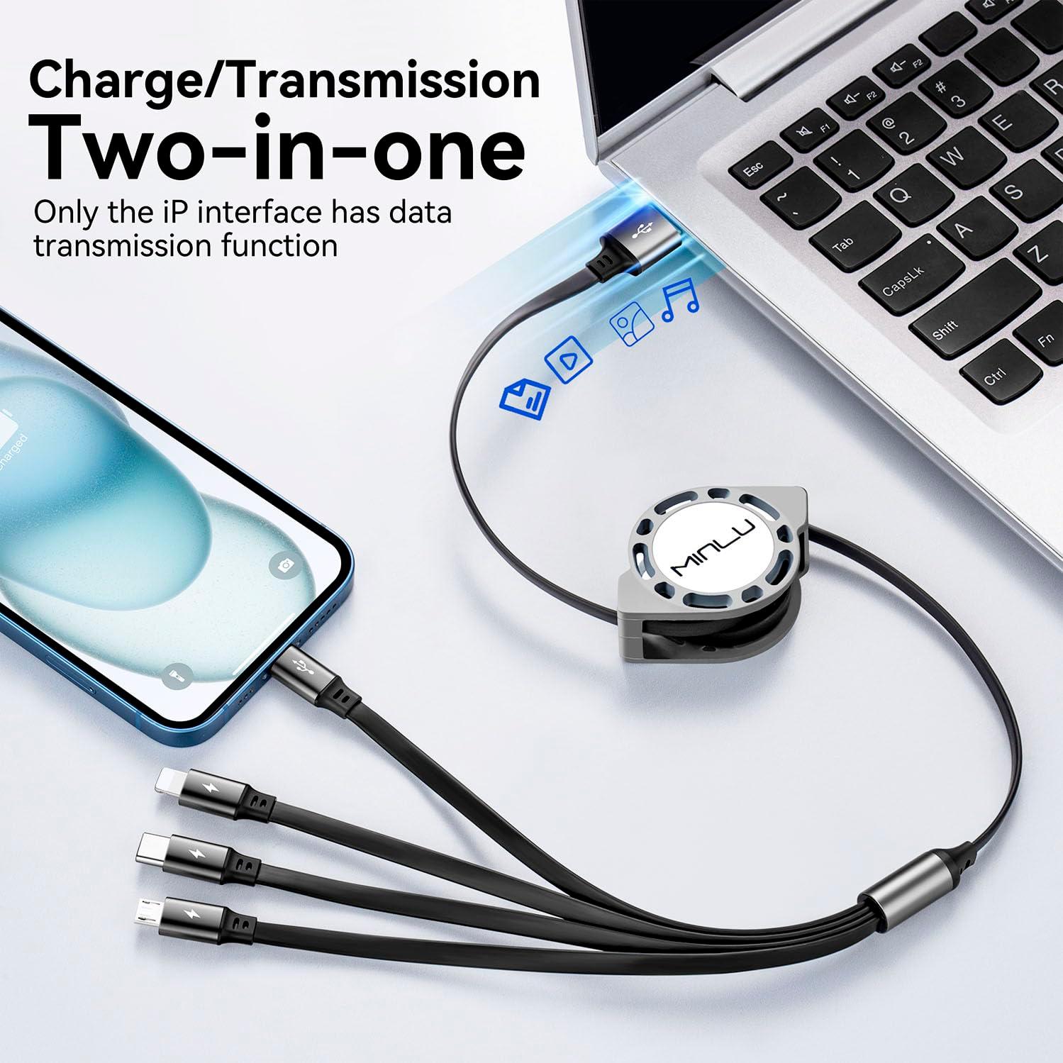 MINLU Multi Charging Cable 4A, 2Pack 4Ft Retractable Multi Fast Charger Cable, Multiple Charging Cord, 4 in 1 Multi USB Cable with Type C/Micro USB Ports for Cell Phones/IP/Galaxy/PS/Tablets/iPads - Image 3