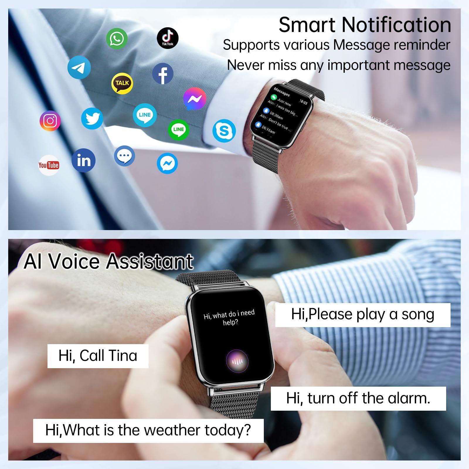 HXQHSTBG Smart Watches for Women Men(Answer/Dial Calls) 1.85" HD Fitness Step Tracker with Heart Rate Sleep Monitor, AI Voice Smart Watch IP68 Waterproof for Android/iOS, Black/2 Watch Straps - Image 3