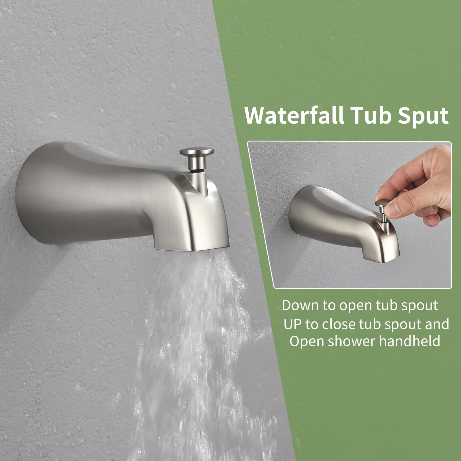 VIKASI Tub Shower Faucet Set with 10 Spray Handheld Shower Brushed Nickel Shower System with Tub Spout Single Handle 4.7 Inch Shower Handheld Shower Fixtures Tub and Shower Trim Kit - Image 5
