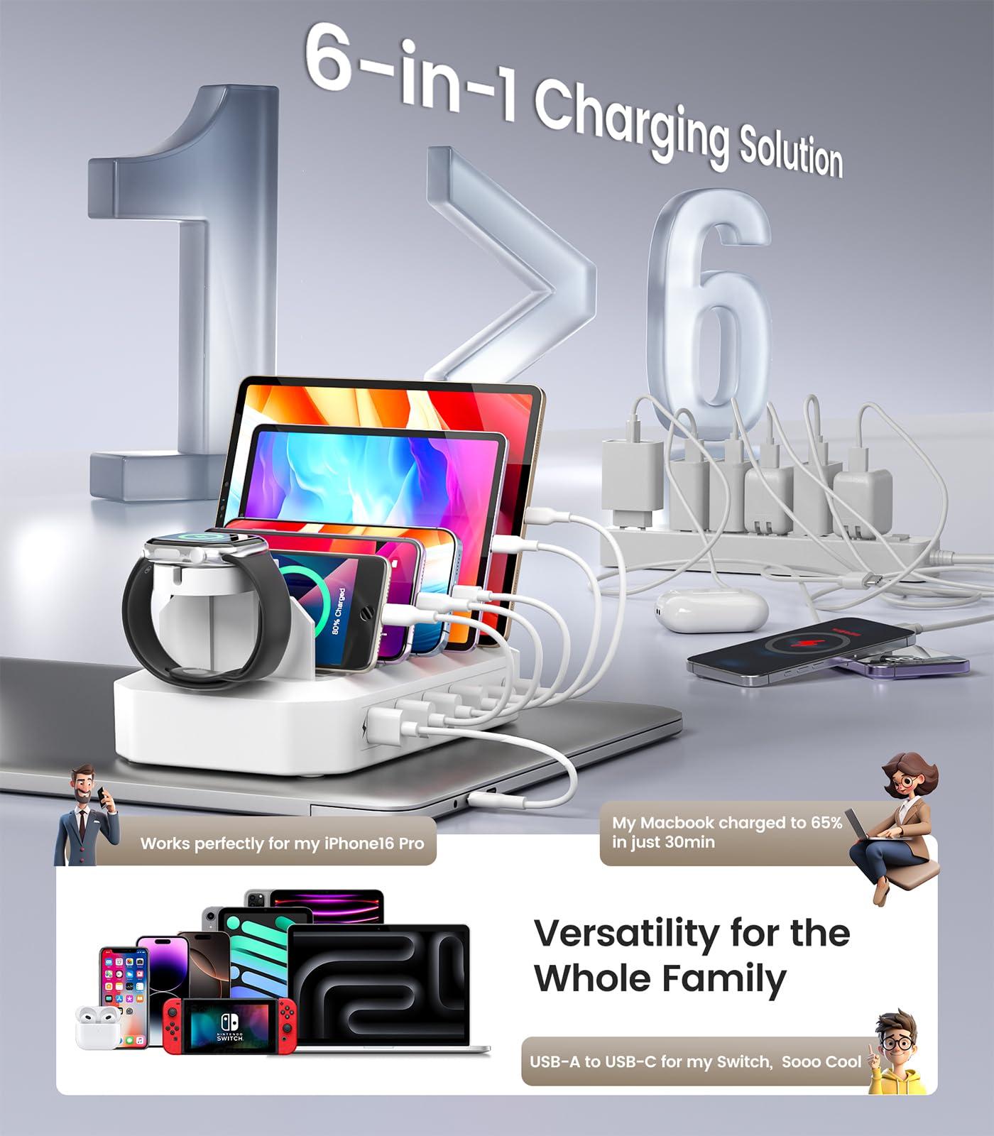 95W Fast Charging Station for Multiple Devices【UL & FCC Certified Safer Charging】 6-Port USB Charging Dock with 2 PD-Port, Compatible with iPhone/Android/MacBook/iPad/Tablet/Kindle/Apple Watch & More - Image 4