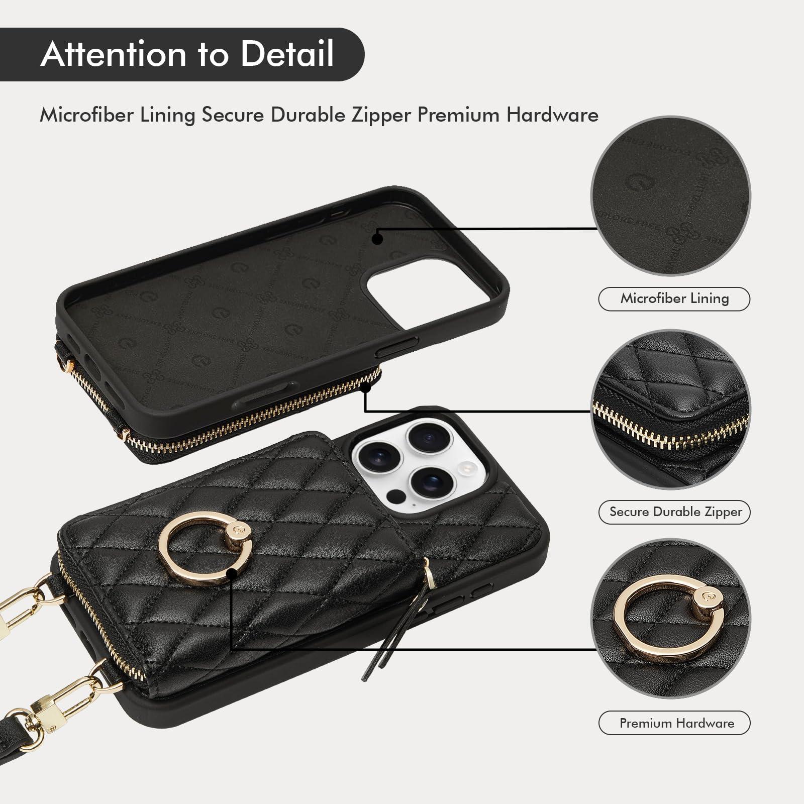 ZVE for iPhone 16 Pro Max Wallet Case for Women, Crossbody Case with Wrist Strap Protective Leather Lanyard with Ring Holder Flip Cover 6.9 Inch - Black - Image 7