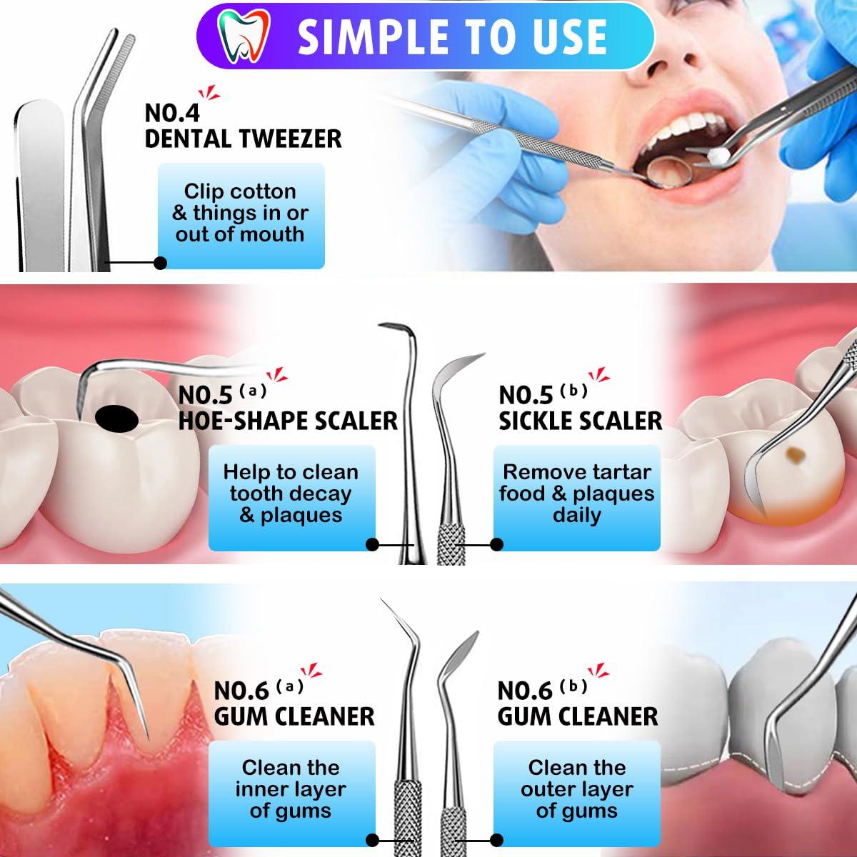 G.CATACC Dental Tools, Dental Pick Teeth Cleaning Tools Hygiene Kit, Plaque Remover for Teeth, Professional Stainless Steel Tooth Scraper Plaque Tartar Cleaner - with Case - Image 6
