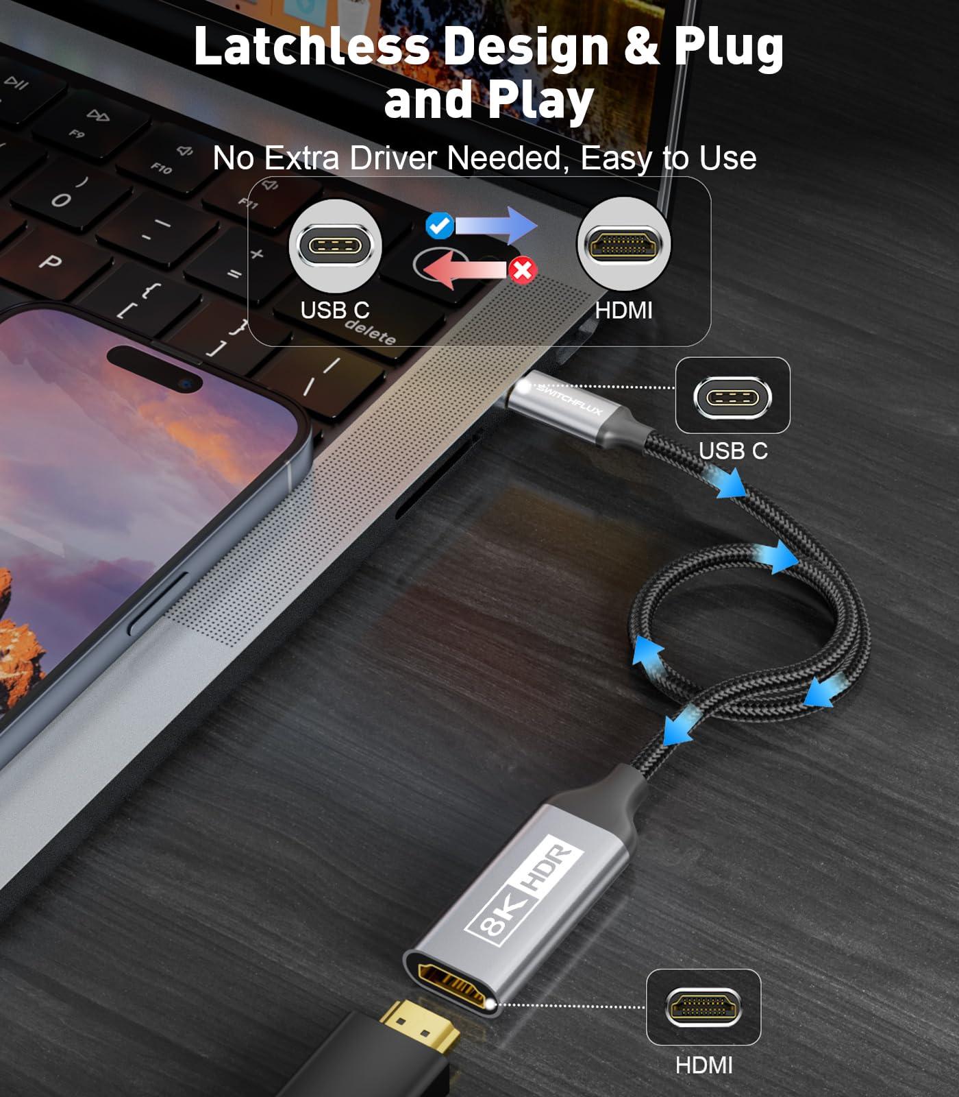 SWITCHFLUX USB-C to HDMI 2.1 Adapter | 8K@60Hz,4K@144Hz,2K@165Hz High-Speed USB Type C 3.1 to HDMI 8K Converter [Thunderbolt 3/4 Compatible] for MacBook Pro/Air,iPad, Other USBC Laptops - Image 4
