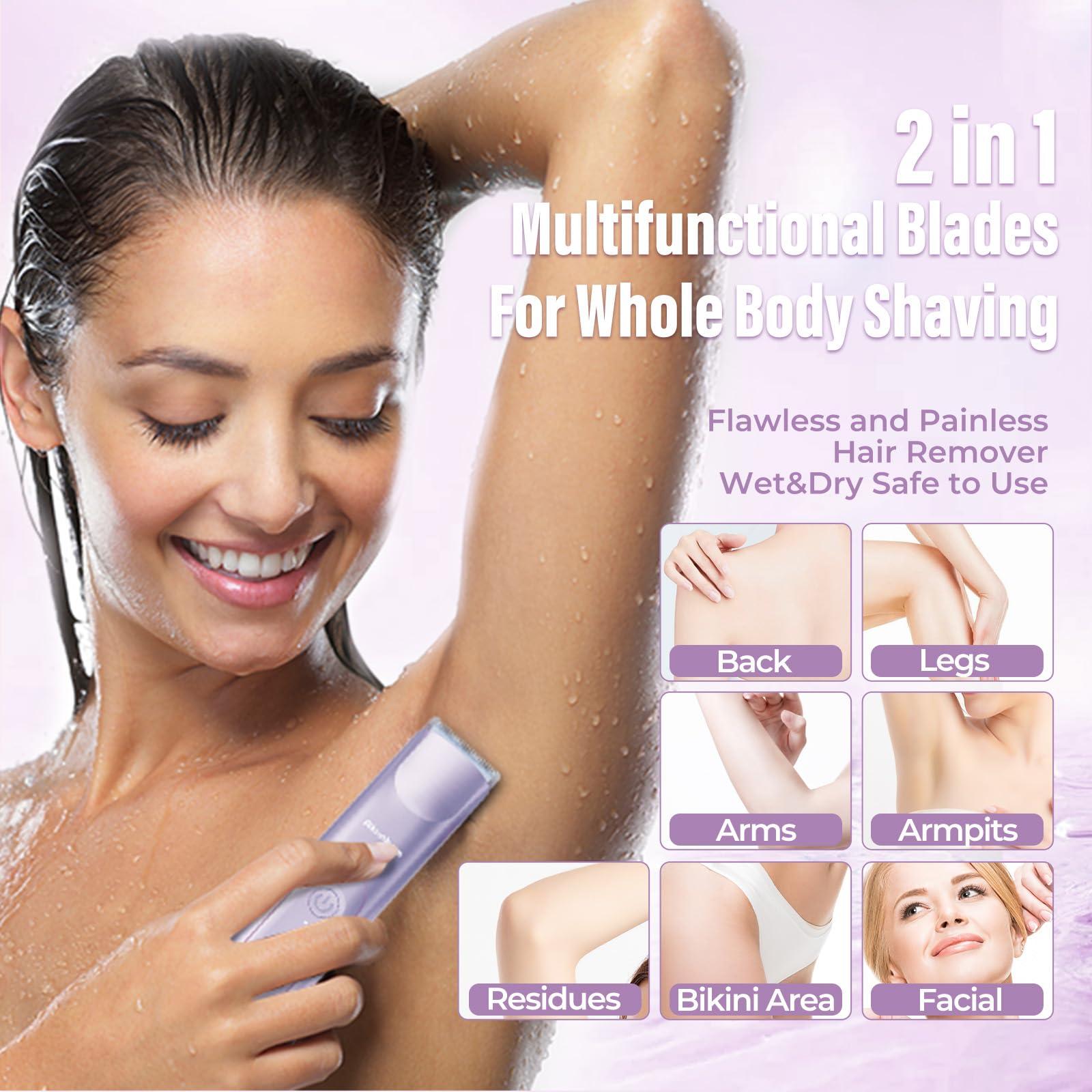 Akunbem 2 in 1 Women Electric Shaver Dual Head Bikini Trimmer for Women IPX7 Waterproof Wet & Dry Use Body Hair Trimmer and Facial Hair Remover for Bikini Underarm Leg Arm Body Face, Purple - Image 4