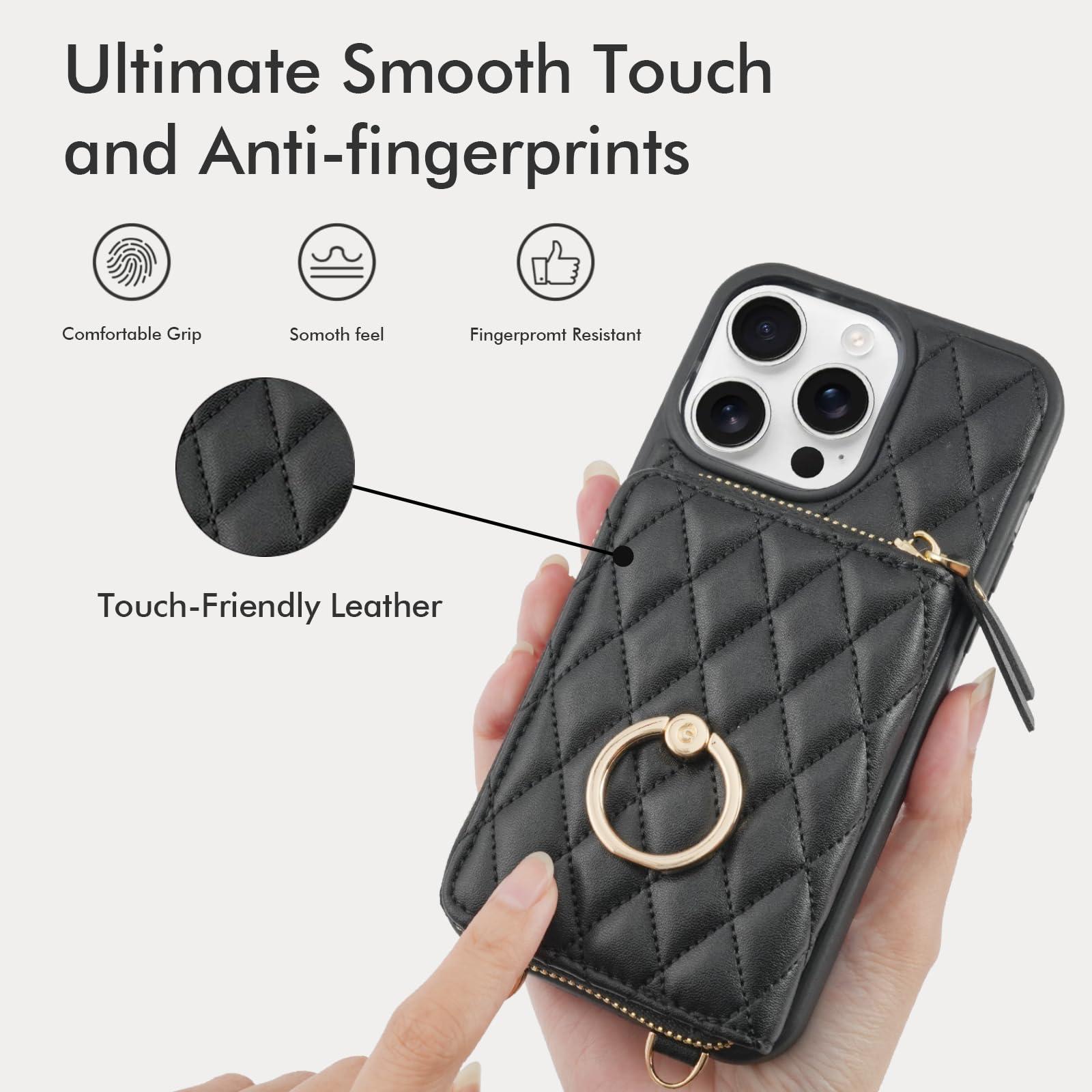 ZVE for iPhone 16 Pro Max Wallet Case for Women, Crossbody Case with Wrist Strap Protective Leather Lanyard with Ring Holder Flip Cover 6.9 Inch - Black - Image 9