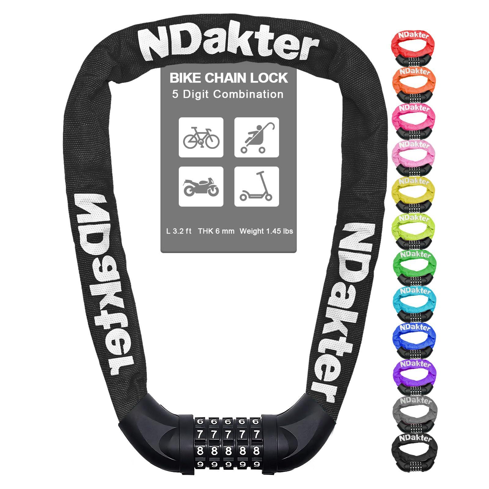 NDakter Bike Chain Lock, 5 Digit Combination Heavy Duty Anti Theft Bicycle Chain Lock,2.62/3.2/4.27/5/6Ft Long Security Resettable Bike Locks for Bike, Bicycle, Scooter, Door, Gate, Fence-4/6mm Thick