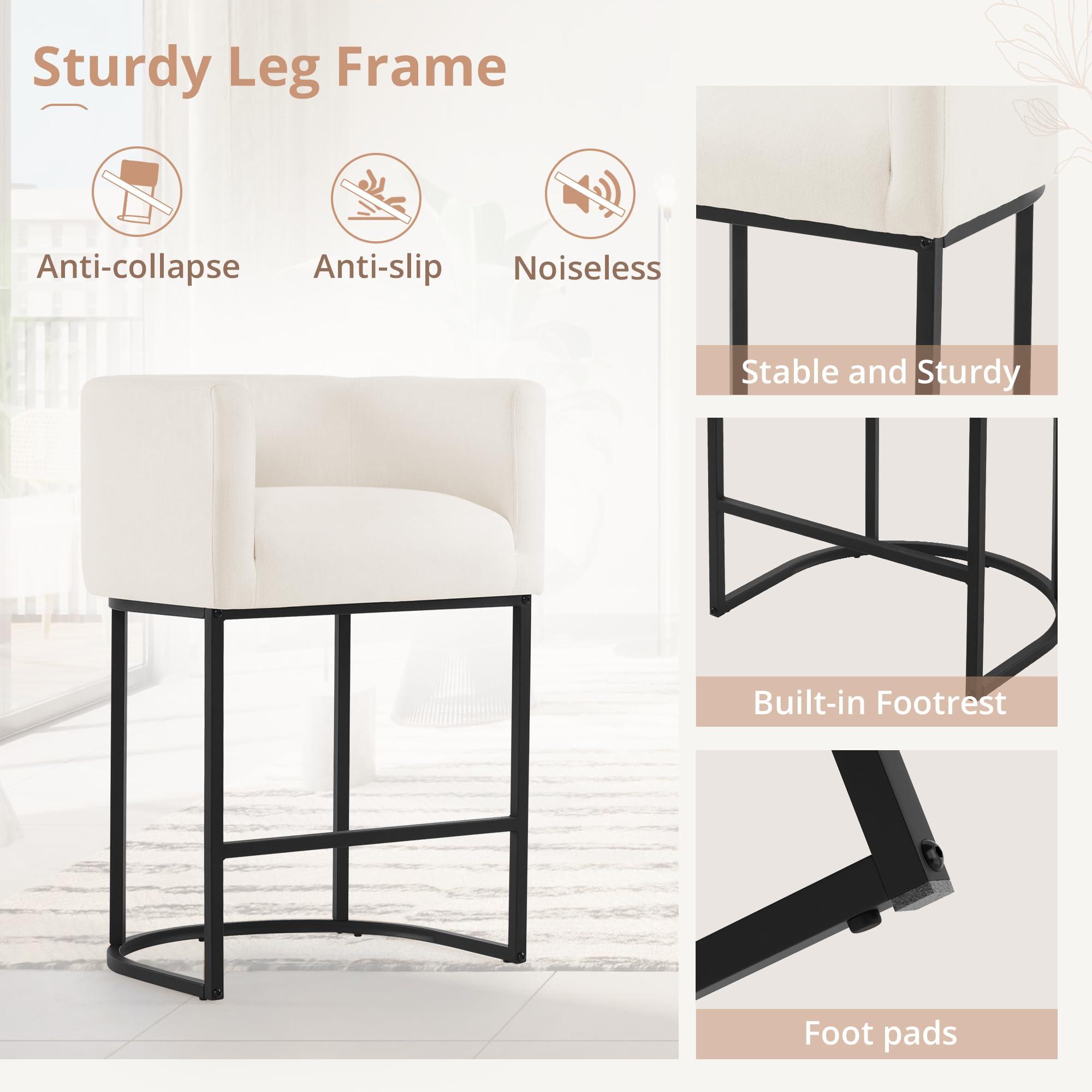 LUE BONA 27" H Counter Height Bar Stools Set of 2, Modern Barrel Counter Stools with Backrest and Arms, Black Metal Frames, Linen Fabric Upholstered Accent Barstools for Kitchen Island, Beige - Image 6