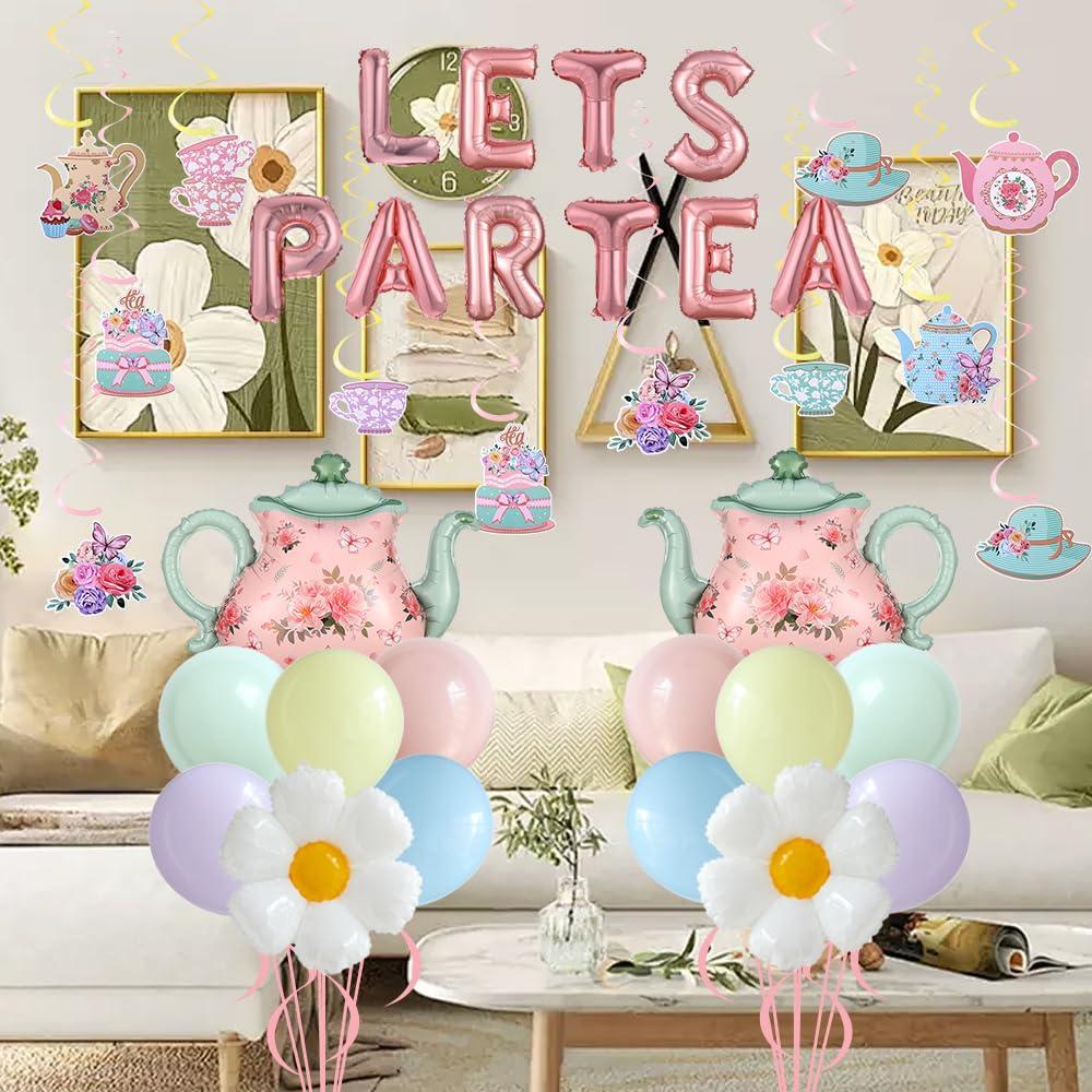 Tea Party Decorations 26Pcs Macaron Balloons with LETS PARTEA Foil Balloon Banner, Teacups andTeapot Hanging Swirls for Floral Spring Birthday Mother's Day Talking Tables Tea Party Supplies - Image 6