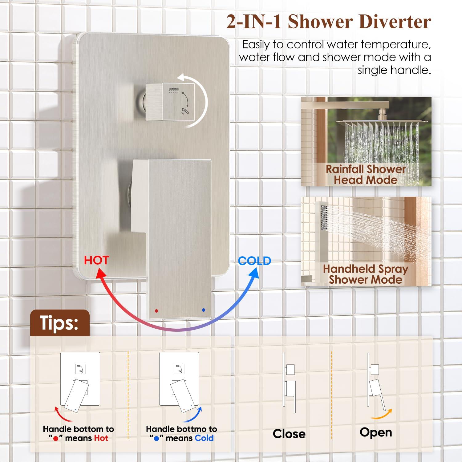 Kurpot Shower System, 12 Inch Bathroom Shower Faucet Set, Brushed Nickel Shower Head and Handle Set, Shower Faucet with Valve and Shower Trim Kit, High Pressure Rain Shower Head Set, Wall Mounted - Image 6