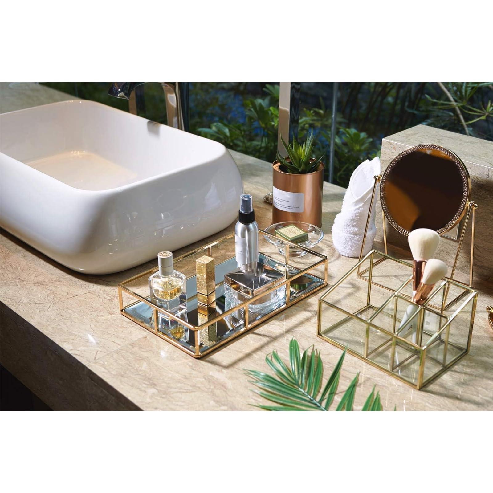 PuTwo Tray Mirror, Gold Dresser Ornate Tray Metal Decorative Tray Jewelry Perfume Organizer Makeup Tray for Vanity, Dresser, Bathroom, Bedroom - Image 4