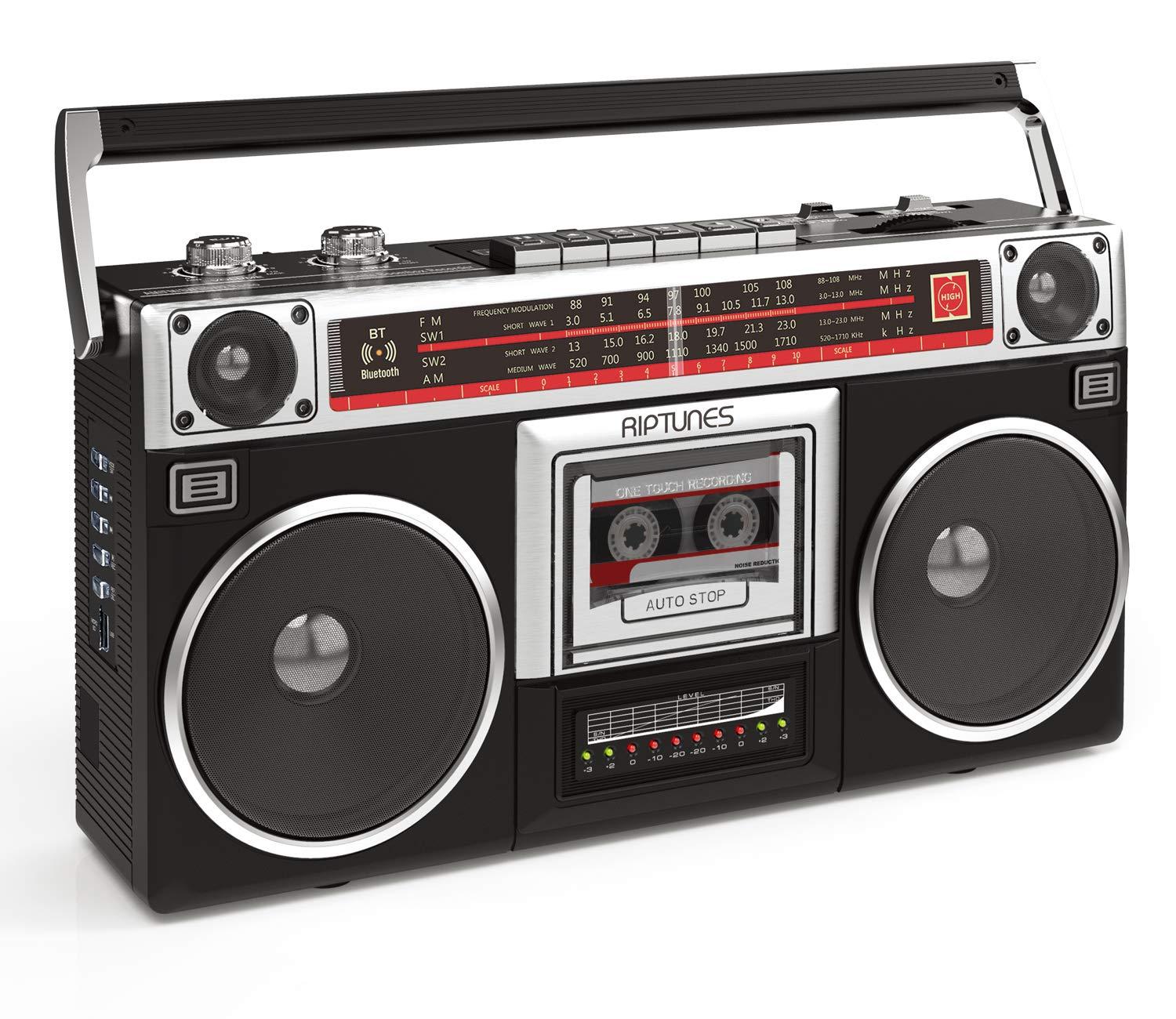 Riptunes Boombox Radio Cassette Player Recorder, AM/FM -SW1/SW2 Radio, Wireless Streaming, USB/Micro SD Slots, Aux in, Headphone Jack, Classic 80s Style Retro, Black - Image 9