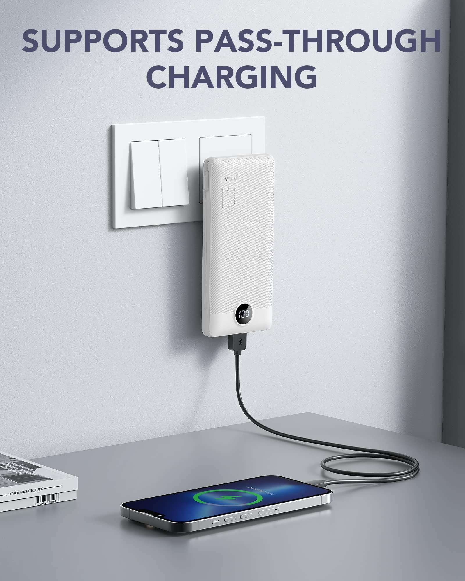VRURC Portable Charger Built-in Cables and AC Wall Plug, USB C Power Bank 10000mAh, Travel Essentials Phone Charger Compact Lightweight External Battery Pack for Smart Phones, Tablets etc-White - Image 2