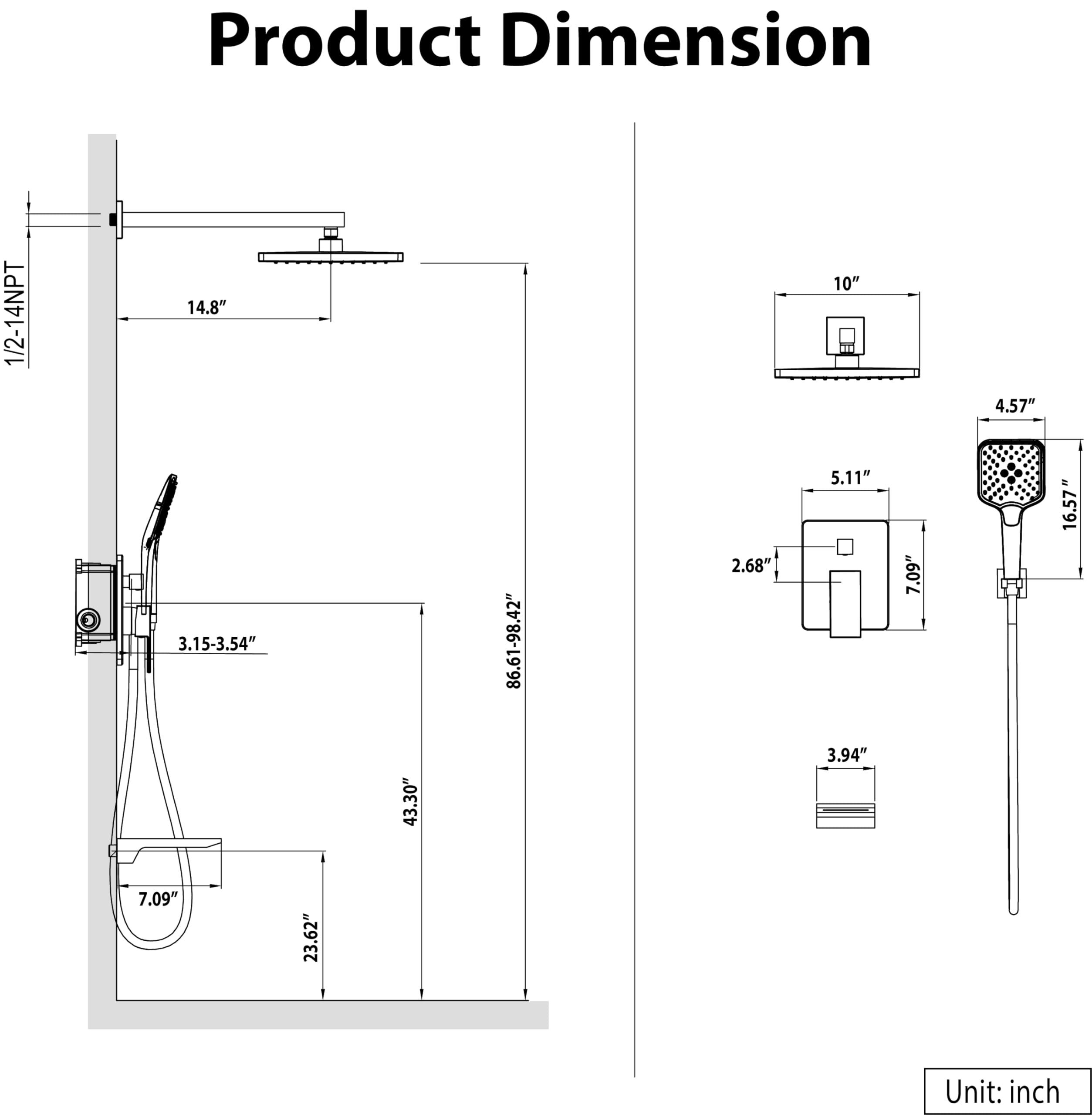 Gabrylly Shower System with Tub Spout, Wall Mounted Tub Shower Faucet Set for Bathroom with High Pressure 10" Rain Shower head and 3-Setting Handheld Shower Head Set,Matte Black - Image 3