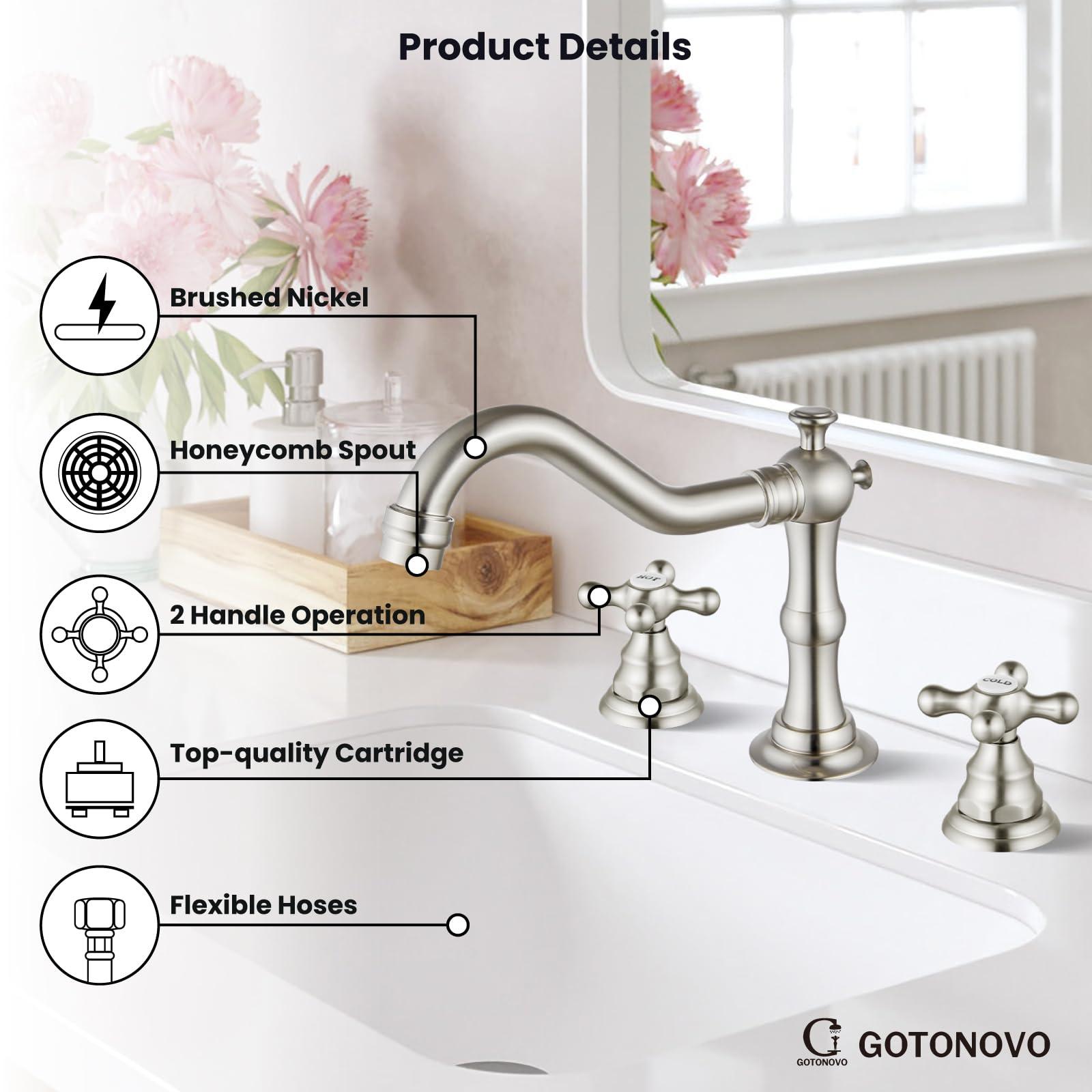 gotonovo Bathroom Sink Faucet Widespread Brushed Nickel Double Mixing Tap Deck Mount Cross Knobs 3 Hole with Pop Up Drain - Image 9