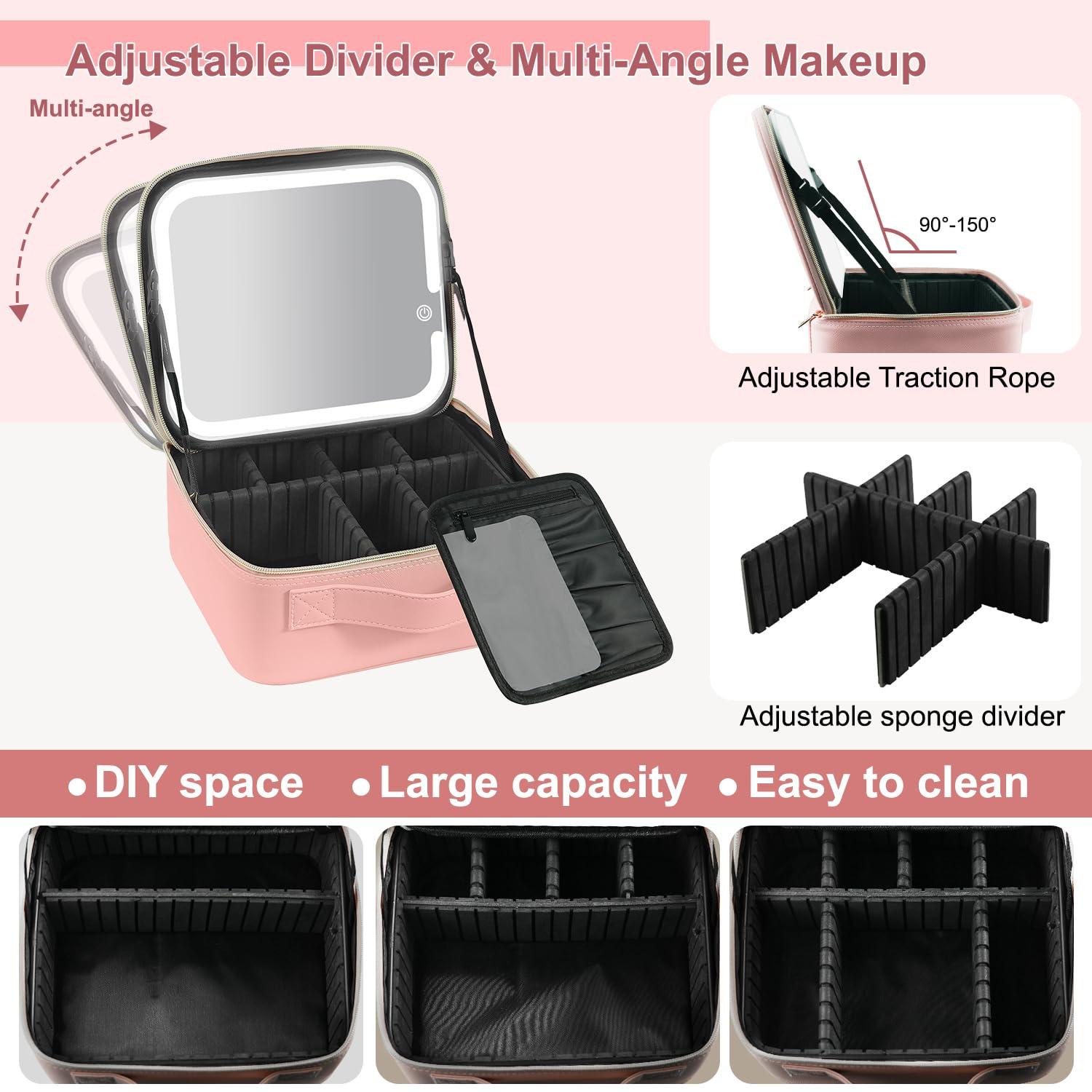 Makeup Case with Lighted Mirror 3 Color Setting,Travel Makeup Bag with Led Mirror with Adjustable Divider,Light Up Makeup Bag Cosmetic Organizer for Makeup Brush,Makeup Accessories,Tools Case,Women - Image 3