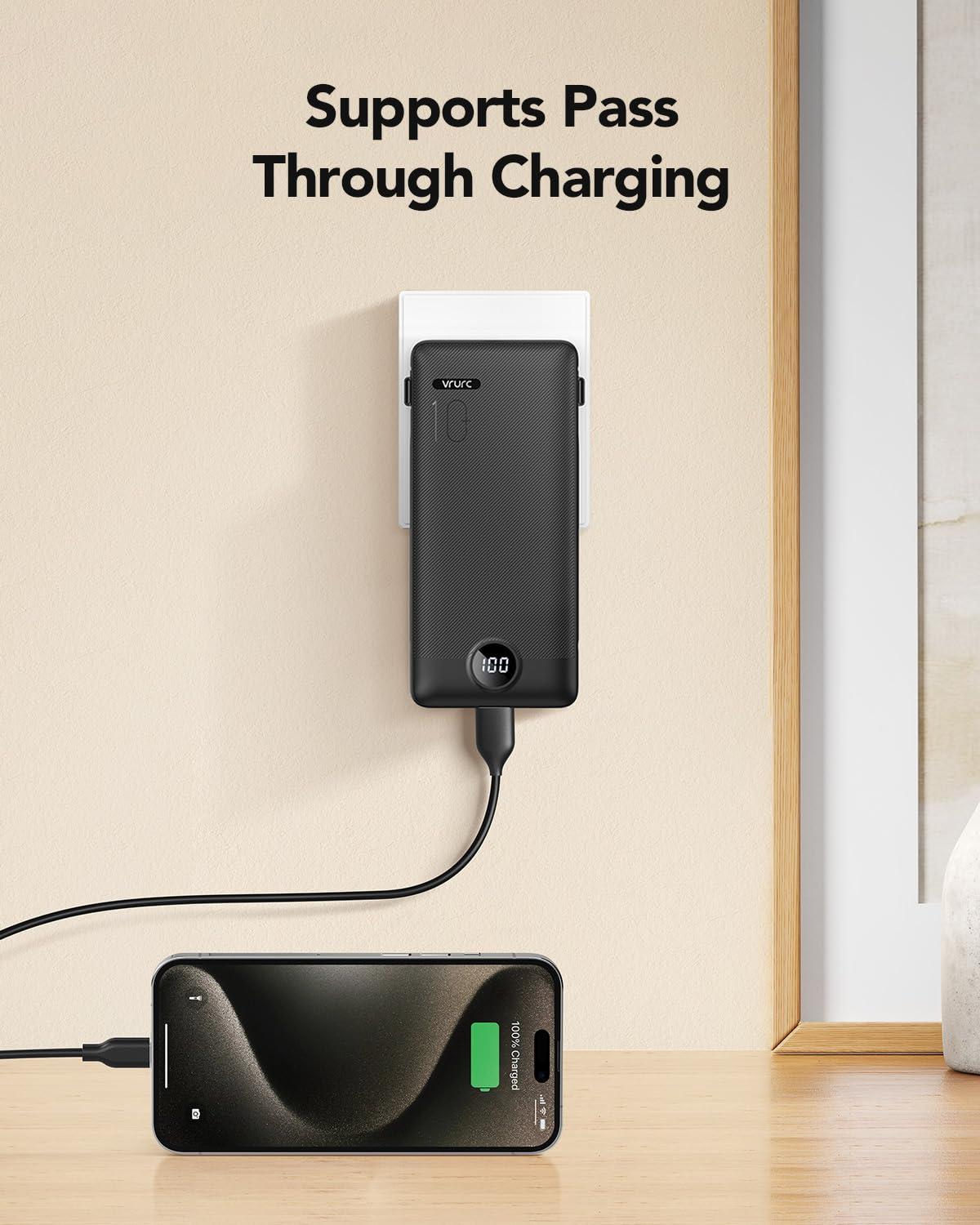 VRURC Portable Charger Built-in Cables and AC Wall Plug, USB C Power Bank 10000mAh, Travel Essentials Phone Charger Compact Lightweight External Battery Pack for Smart Phones, Tablets-Pure Black - Image 3
