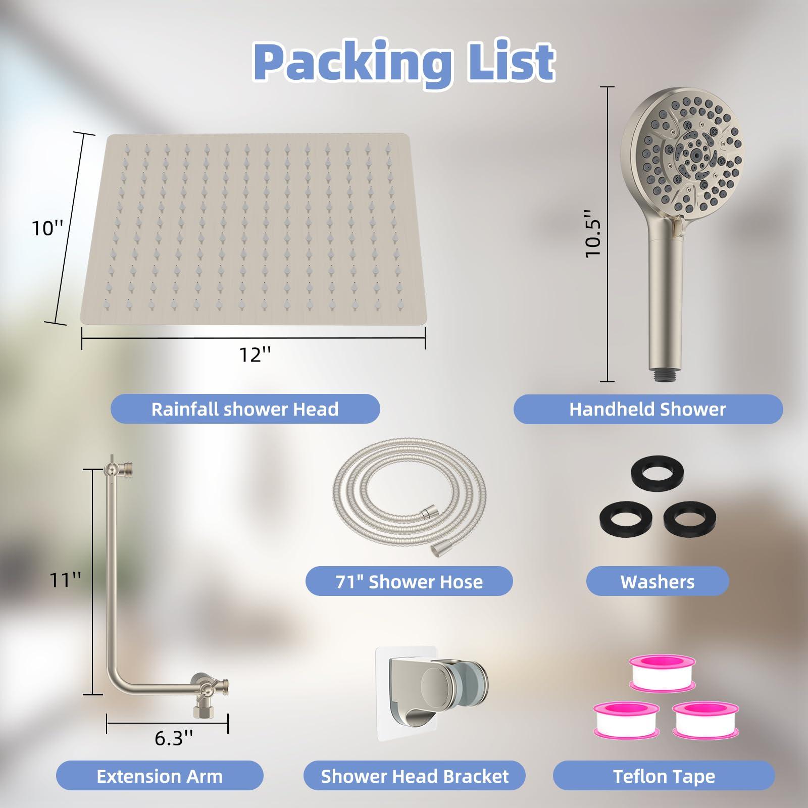 Hygie Rinse 12" All Metal Shower Head, High Pressure 10-Spray Handheld Showerhead Rainfall Shower Head Combo with 11" Adjustable Shower Extension Arm, 71" Hose, Shower Head Holder, Brushed Nickel - Image 2