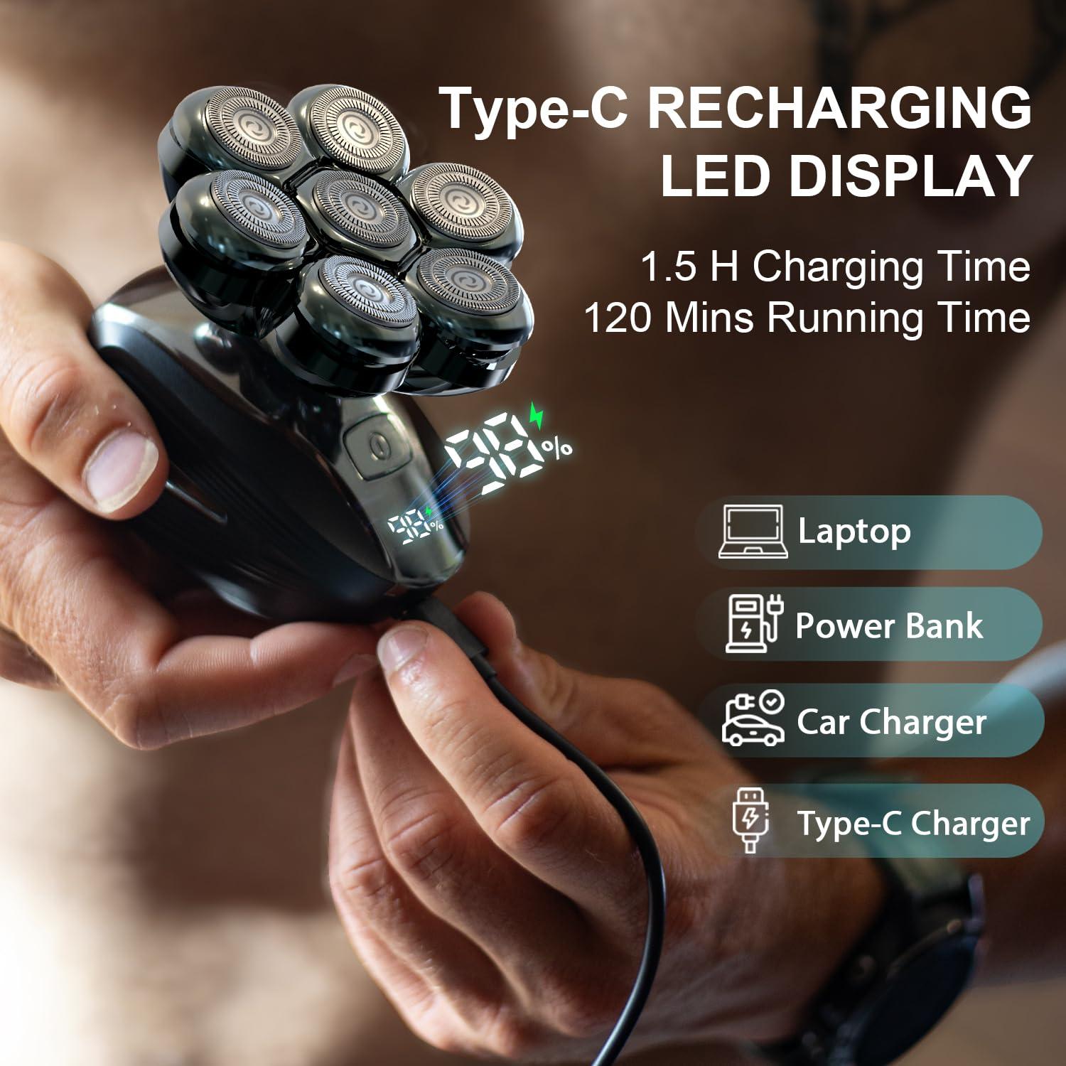 Head Shavers for Bald Men, Detachable Head Shaver, IPX7 Waterproof Wet Dry Bald Head Shavers, 7D LED Display Electric Rechargeable Head Shaving Kit with Type-C Charge - Image 6