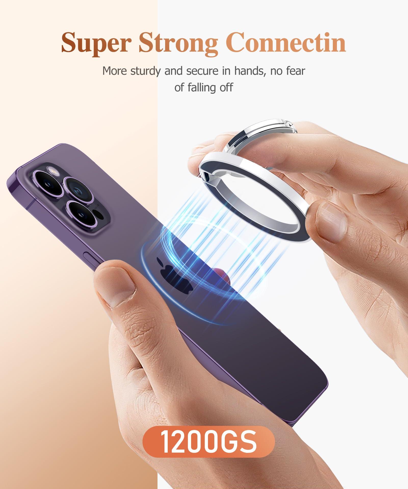 GVIEWIN Magnetic Phone Ring Holder, Compatible with MagSafe Phone Grip with Adjustable Stand, Magnet Phone Ring Kickstand for iPhone 16 Pro Max/Plus/15/14/13/12 Series/Other Phones (Glitter/Silver) - Image 2