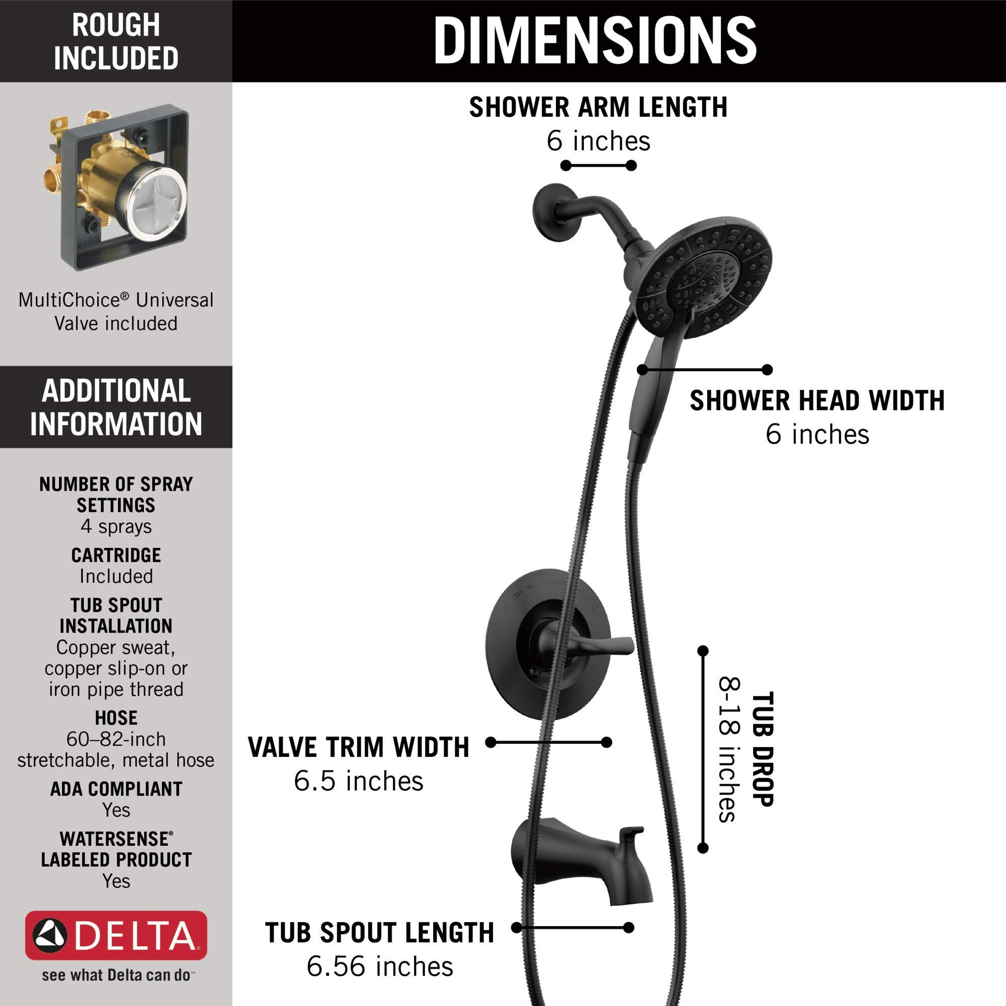 Delta Faucet Arvo 14 Series Single-Handle Tub and Shower Trim Kit, Shower Faucet with 4-Spray In2ition 2-in-1 Dual Hand Held Shower Head with Hose, Matte Black 144840-BL-I (Valve Included) - Image 3