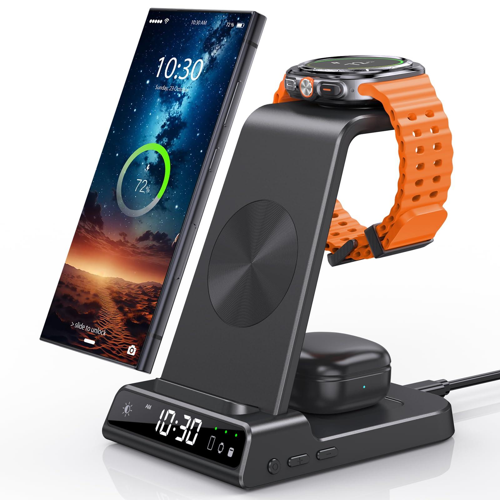 Wireless Charger for Samsung Charging Station, 3 in 1 Android Phone Wireless Charger for Samsung Galaxy S25 Ultra/S24 Ultra/S23/Z Flip 6/Fold 6/Buds, Charger for Galaxy Watch Ultra/7/6/5/4/3 (Black)