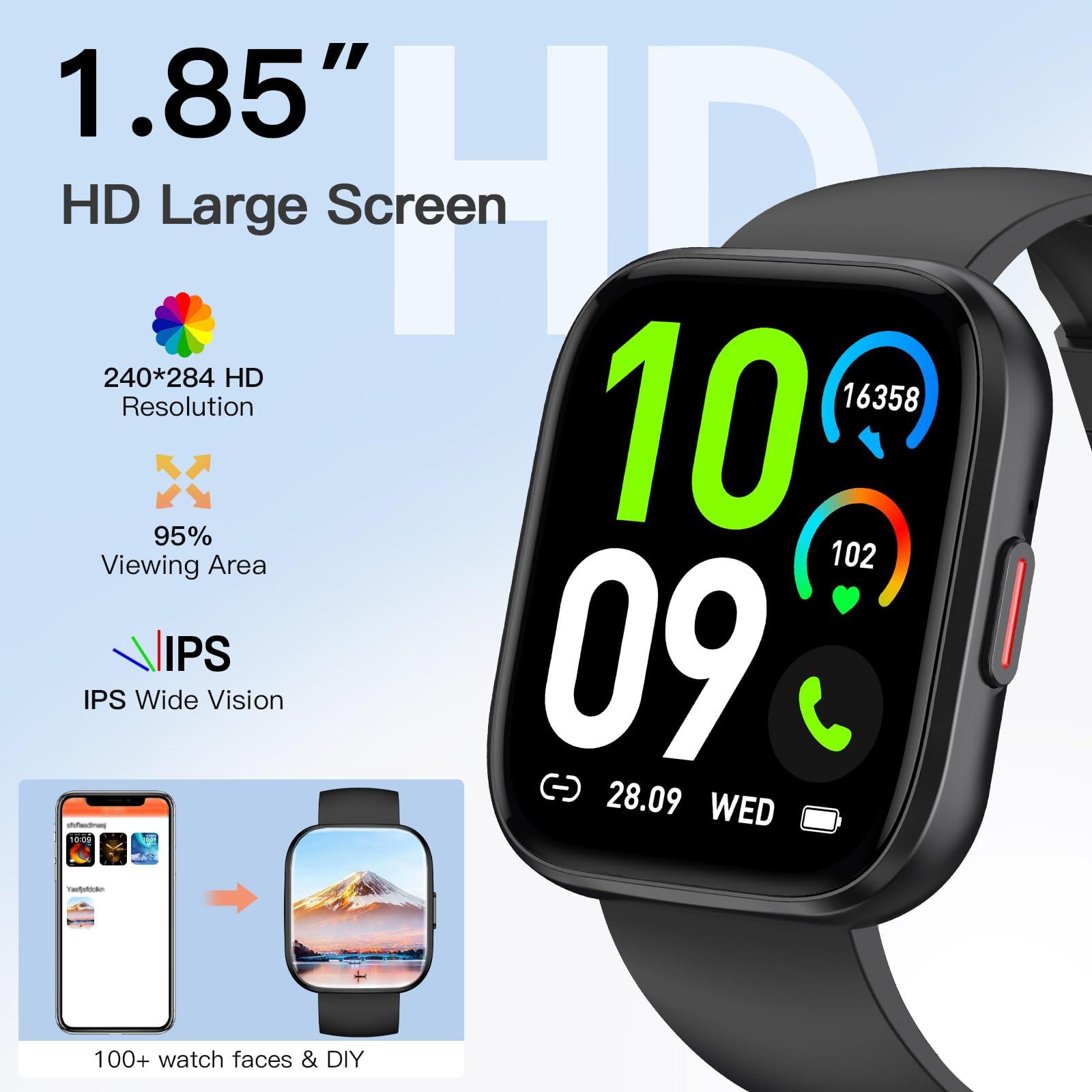 Smart Watches for Men Women Answer/Make Call, 1.85" Fitness Watch with 120+ Sports Modes, Heart Rate/Blood Oxygen/Activity Tracker, Pedometer, IP68 Smartwatch for iOS Android Samsung (Black, 1.85”) - Image 5