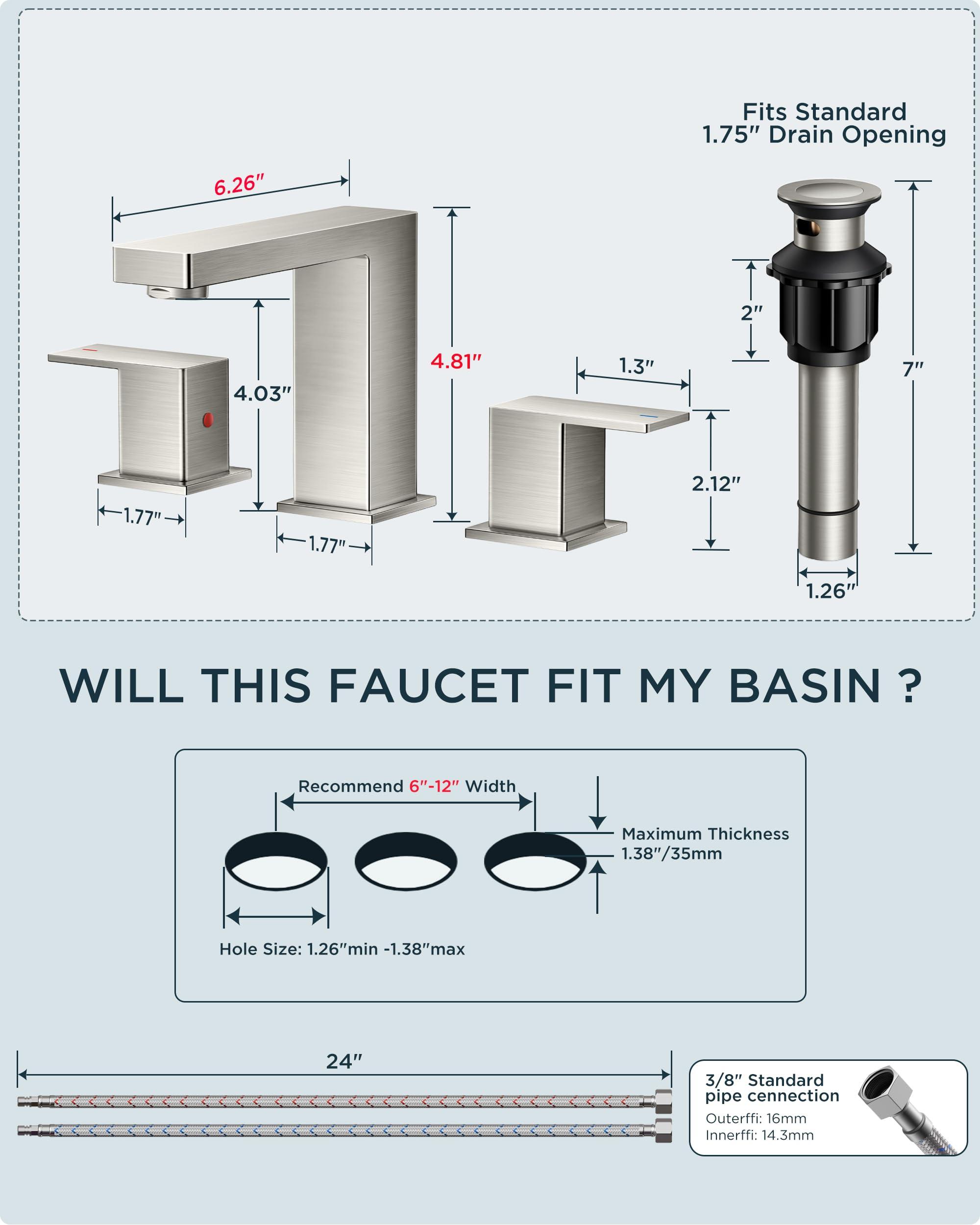 FORIOUS Brushed Nickel Bathroom Faucet for Sink 3 Hole 2 Handle, Stainless Steel Square 8" Widespread Bathroom Vanity Faucets Brushed Nickel 3 Hole with Metal Pop Up Drain, CUPC Water Hoses - Image 2