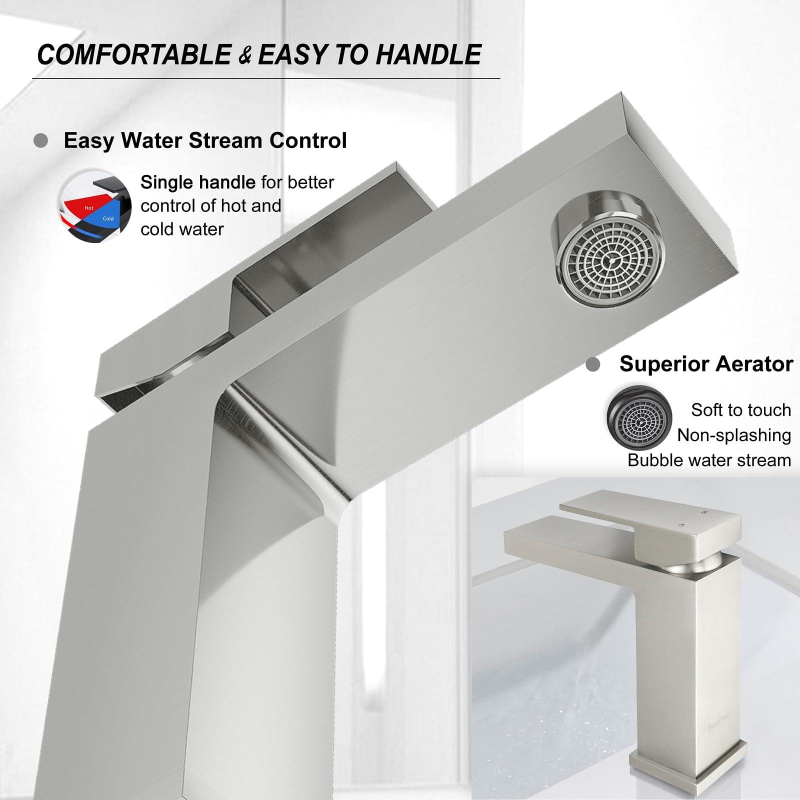 SeanPeak Bathroom Faucet, Brushed Nickel Bathroom Faucets, Solid Brass Sink Faucet, Lead-Free Single Handle Vanity Faucets with 2 Water Supply Hoses & Drain Stopper - Image 4
