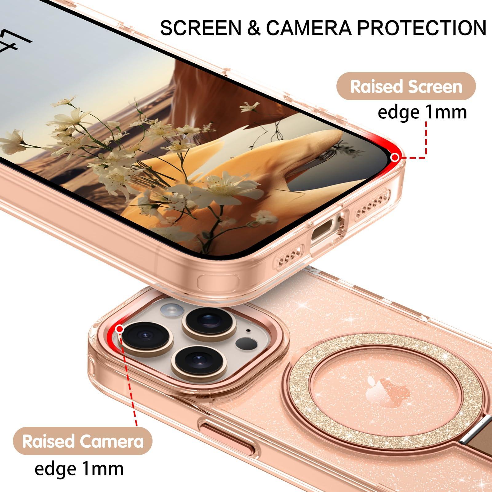 VENINGO iPhone 16 Pro Max Case, Magnetic Slim MagSafe Car Mount Supported Ring Holder Kickstand Sparkle Glitter Not Yellow Shockproof Protective Phone Cover for iPhone 16 Pro Max 6.9", Desert Titanium - Image 5