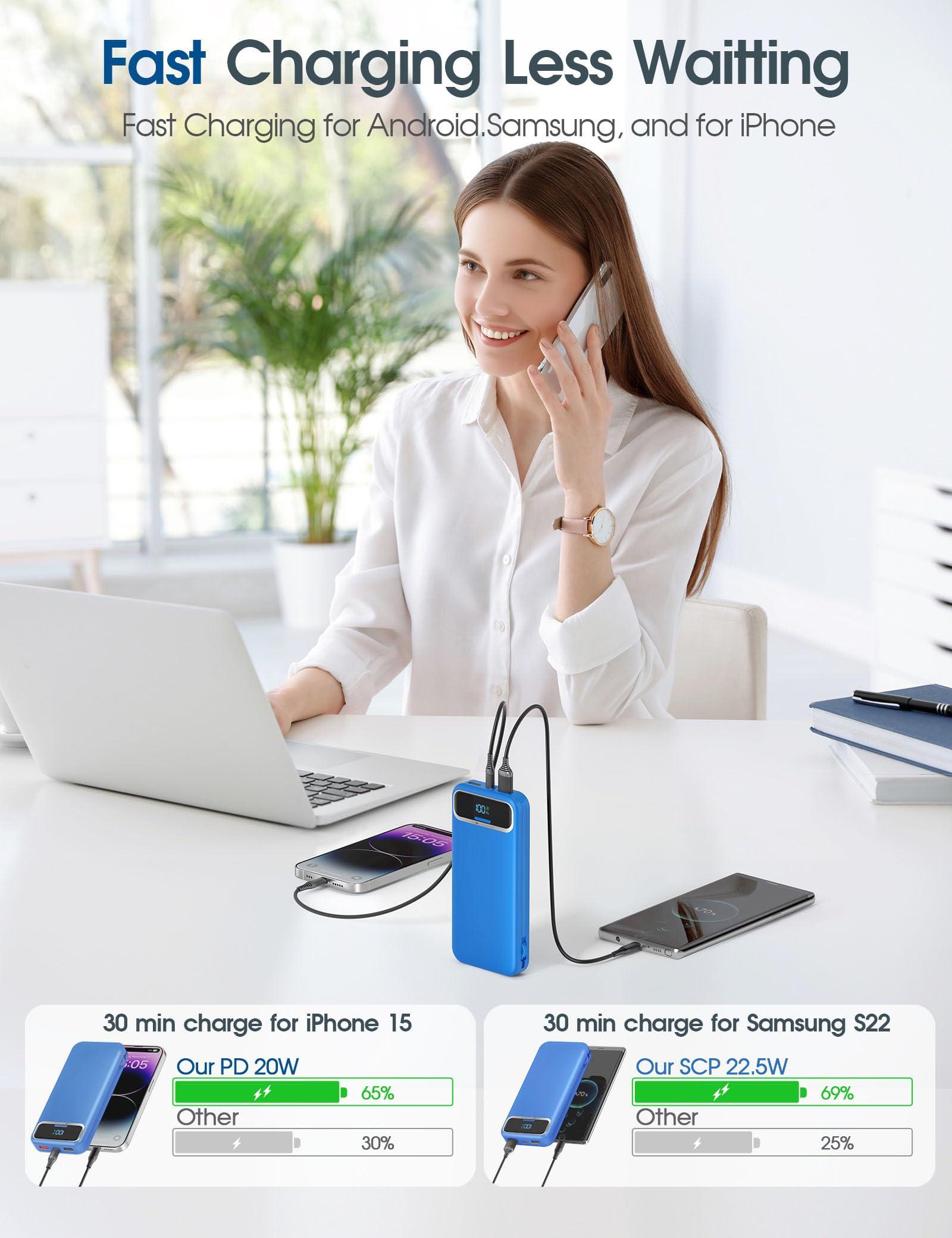 Portable-Charger Power-Bank with Built-in Cables & AC Wall Plug - 12000mAh PD 20W Fast Charging for iPhone,Samsung,Android, USB-C,Rechargeable External Battery Pack for Cell Phone,Type C,Travel Navy - Image 3